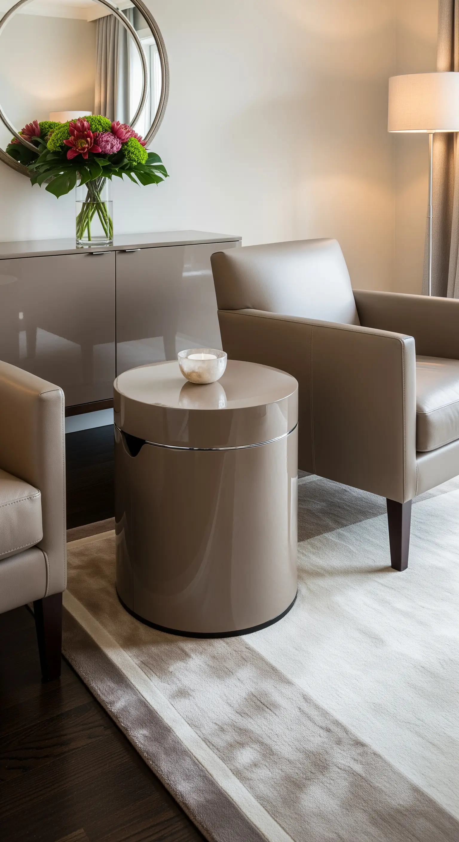 Hochglanzmöbel und Ledersessel in einem einheitlichen Taupe-Farbton für eine ruhige, elegante Atmosphäre.