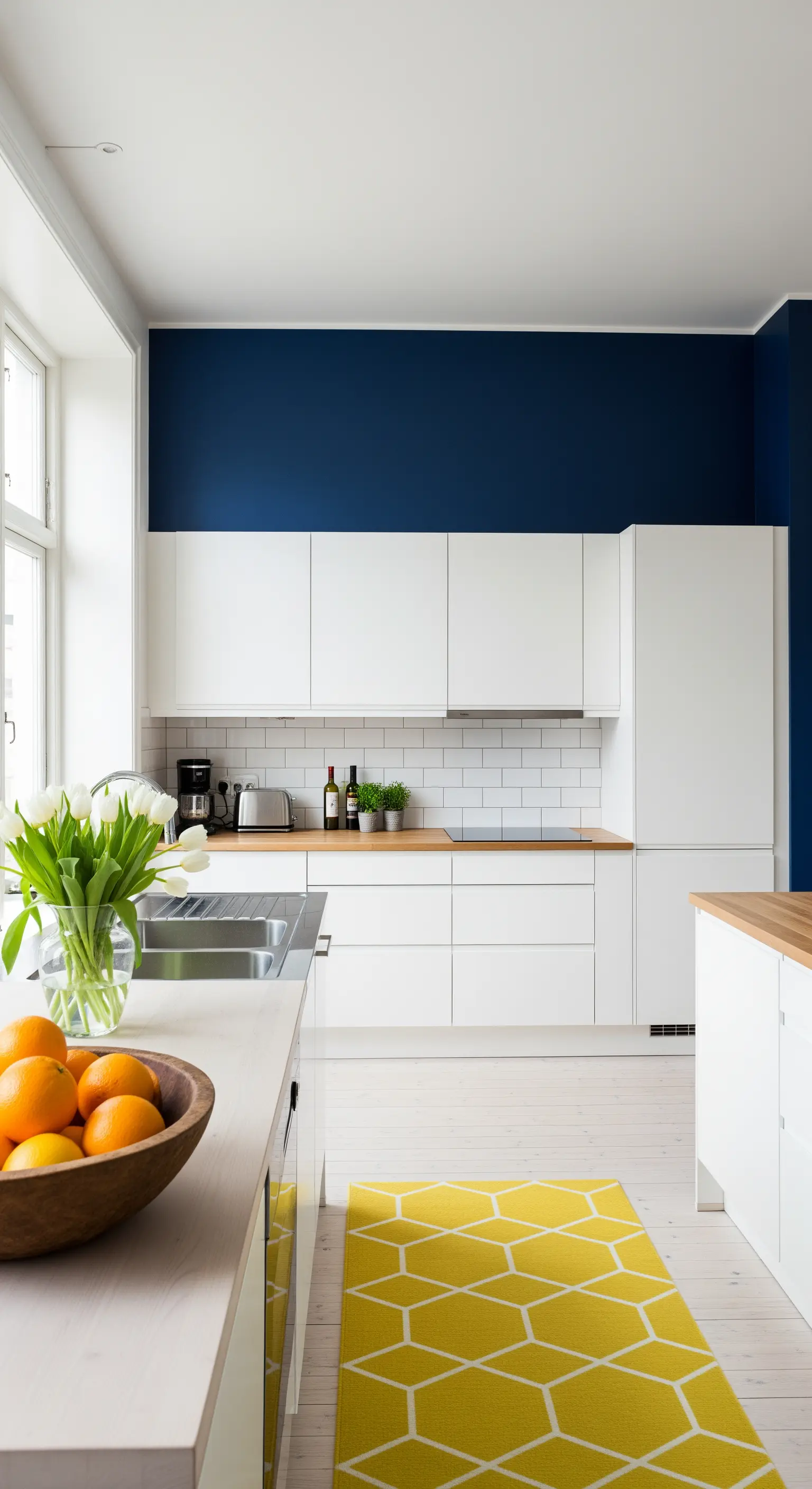 Blaue Akzentwand in weißer Küche mit gelbem Läufer und frischen Orangen
