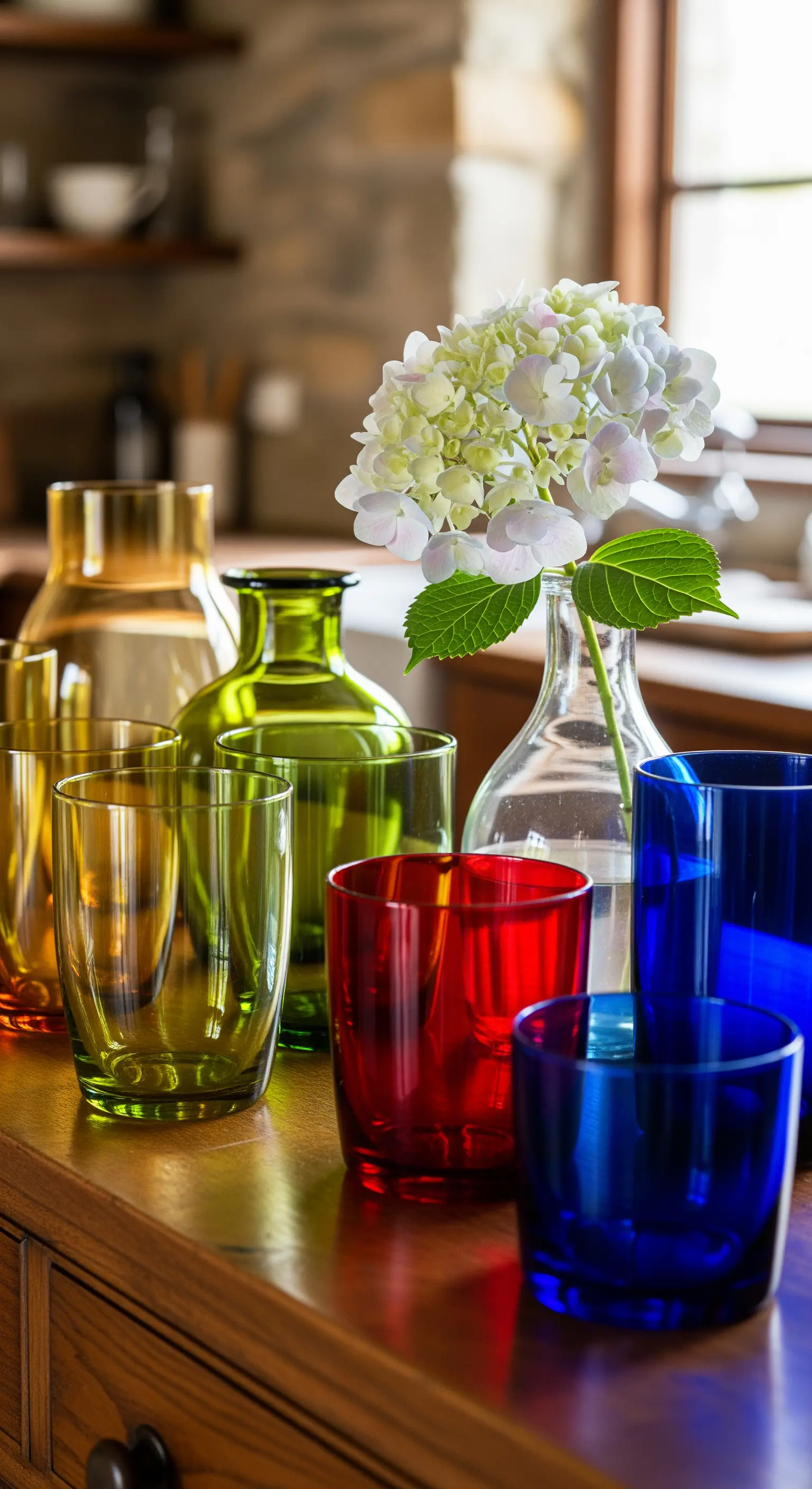 Farbige Glaswaren und eine weiße Hortensienblüte auf Holztheke