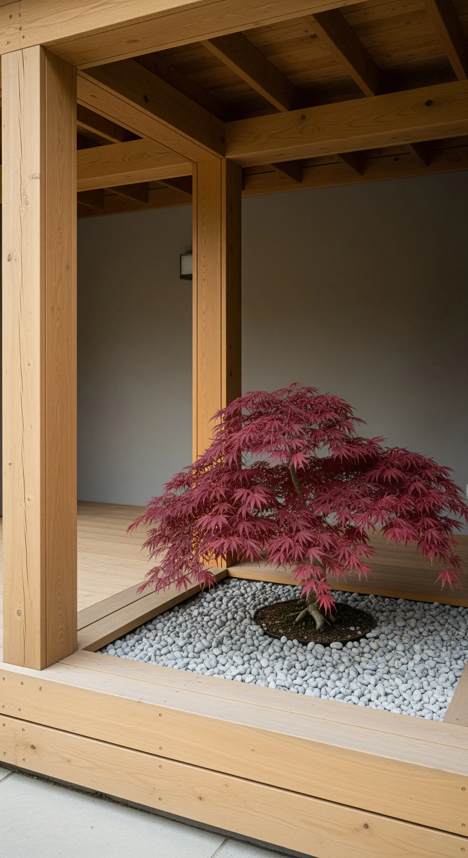 Roter Ahorn-Bonsai in Kiesbett unter einem Holzpavillon