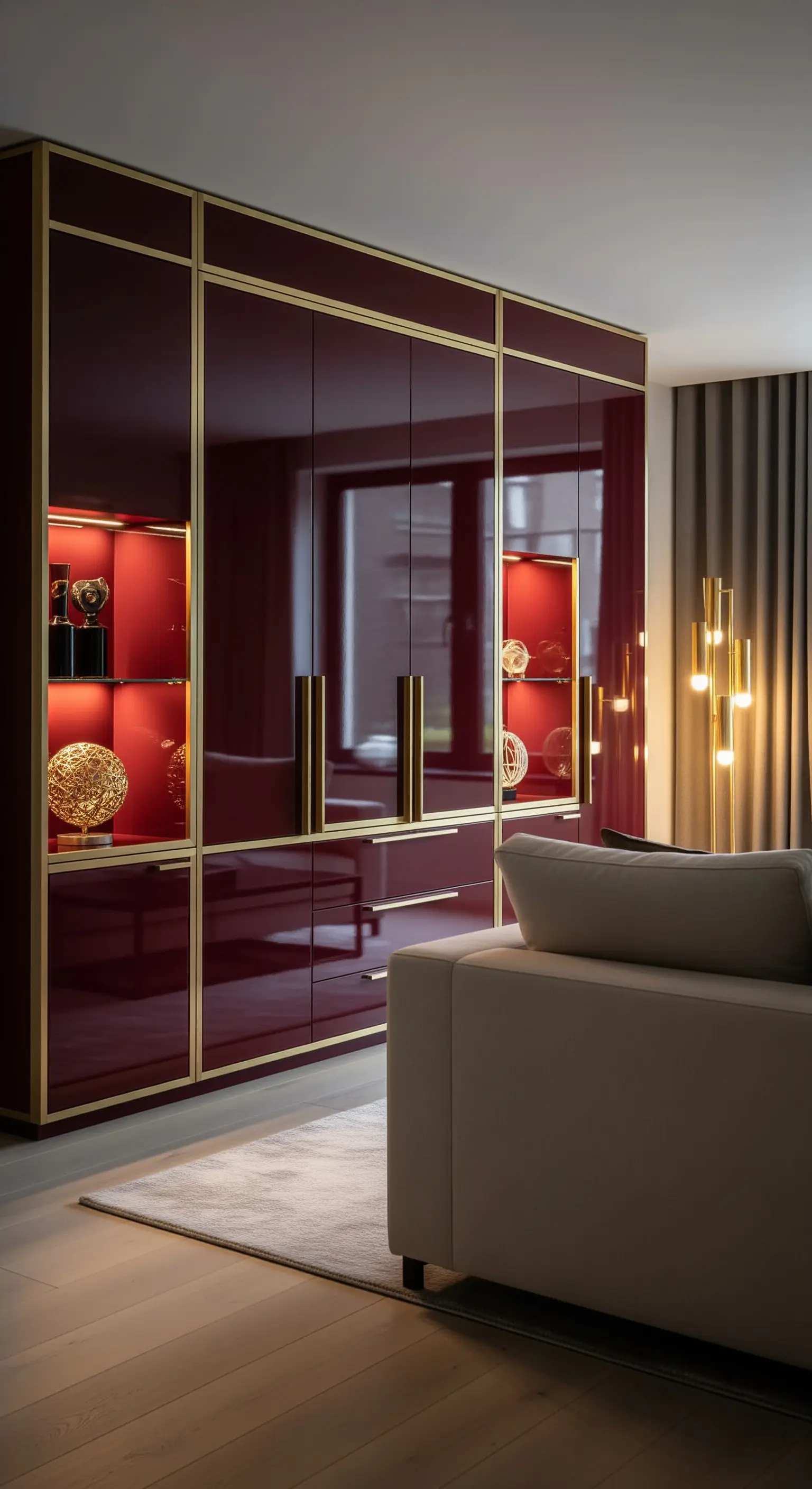 Großer, hochglänzender Kleiderschrank in Bordeauxrot mit feinen goldenen Rahmen und Griffen.