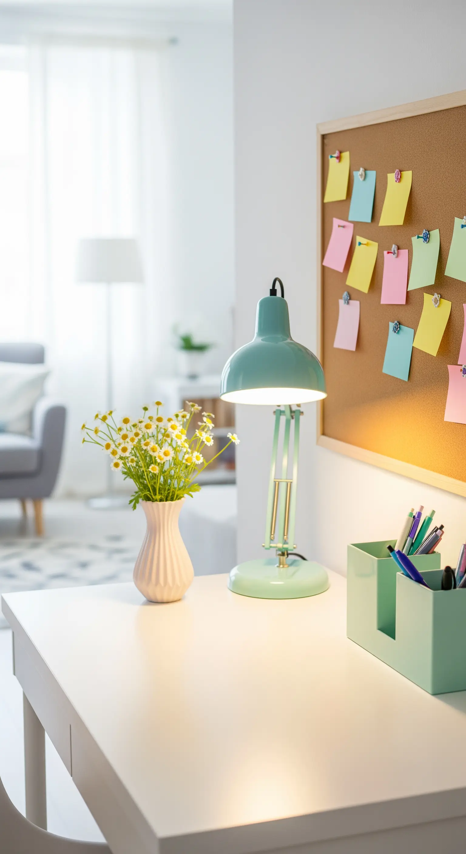 Schreibtisch mit Kork-Pinboard, bunten Notizzetteln, mintgrüner Lampe, Gänseblümchen