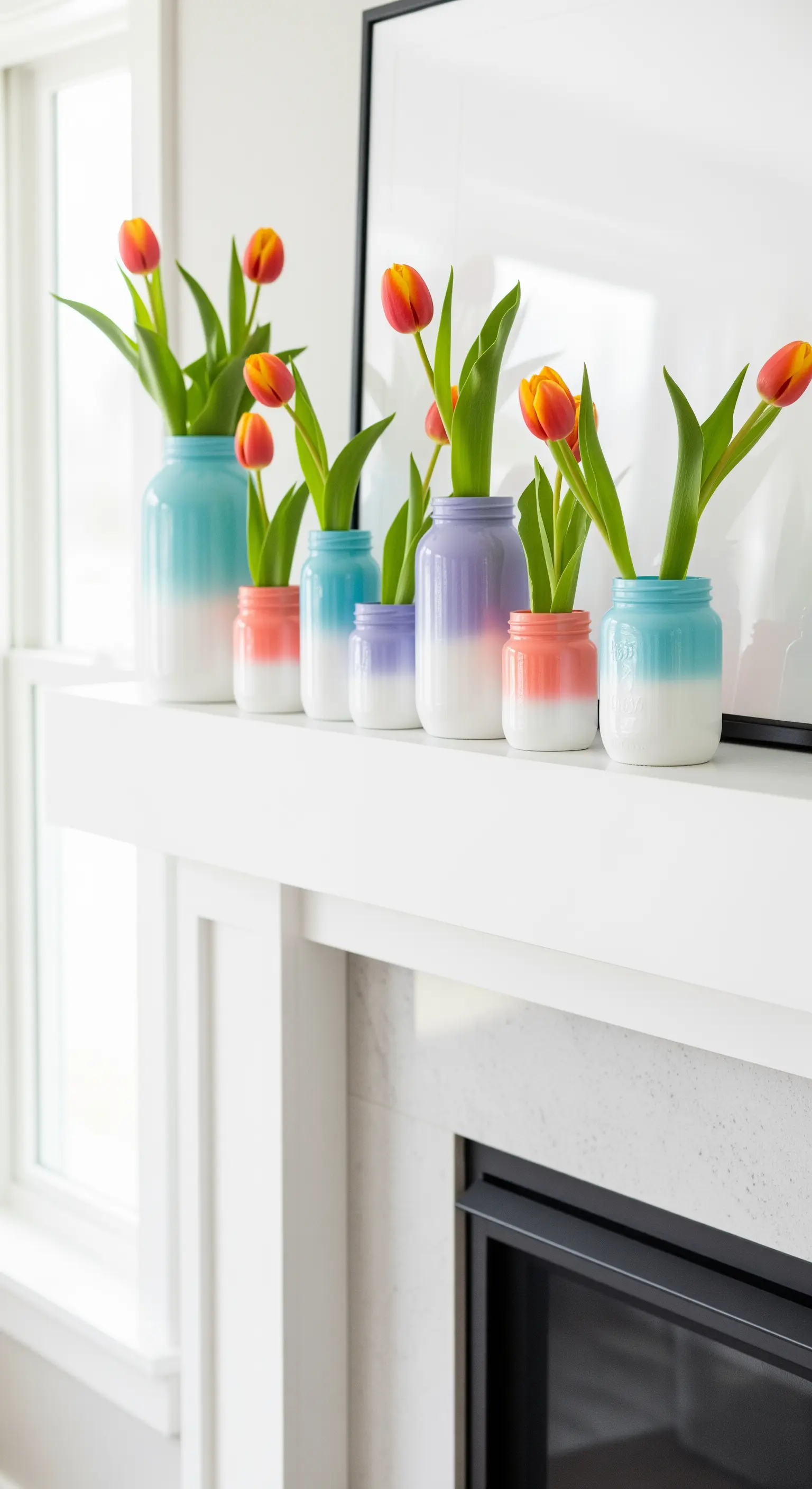 Ombre-gefärbte Einmachgläser mit Tulpen als Vasen auf dem Kaminsims.