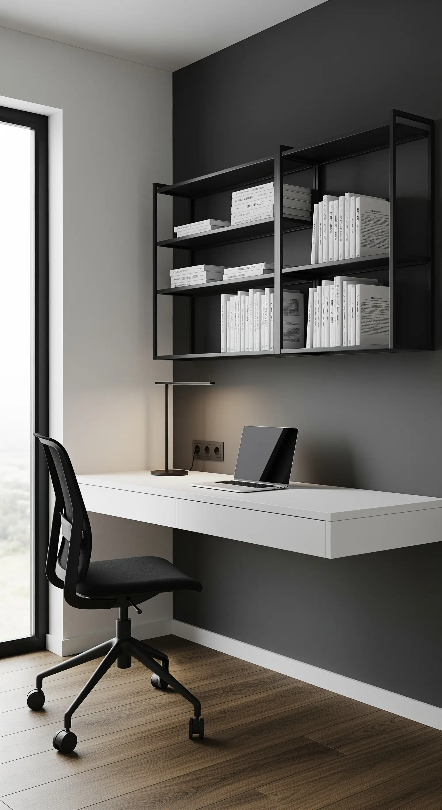 Minimalistisches Homeoffice mit Farbzonen in Grau und Schwarz und schwebendem Schreibtisch.