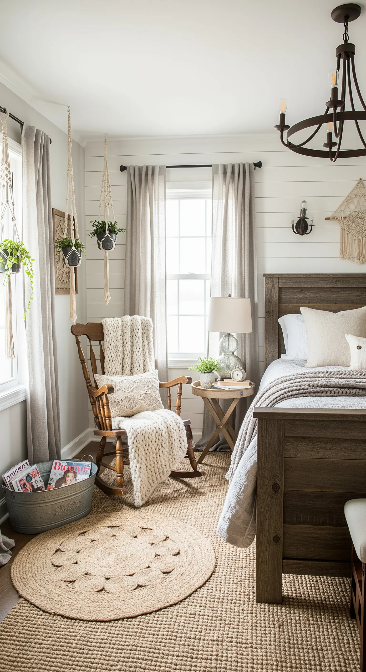 Leseecke im Farmhouse-Stil mit Holz-Schaukelstuhl, Makramee und Jute-Teppich.