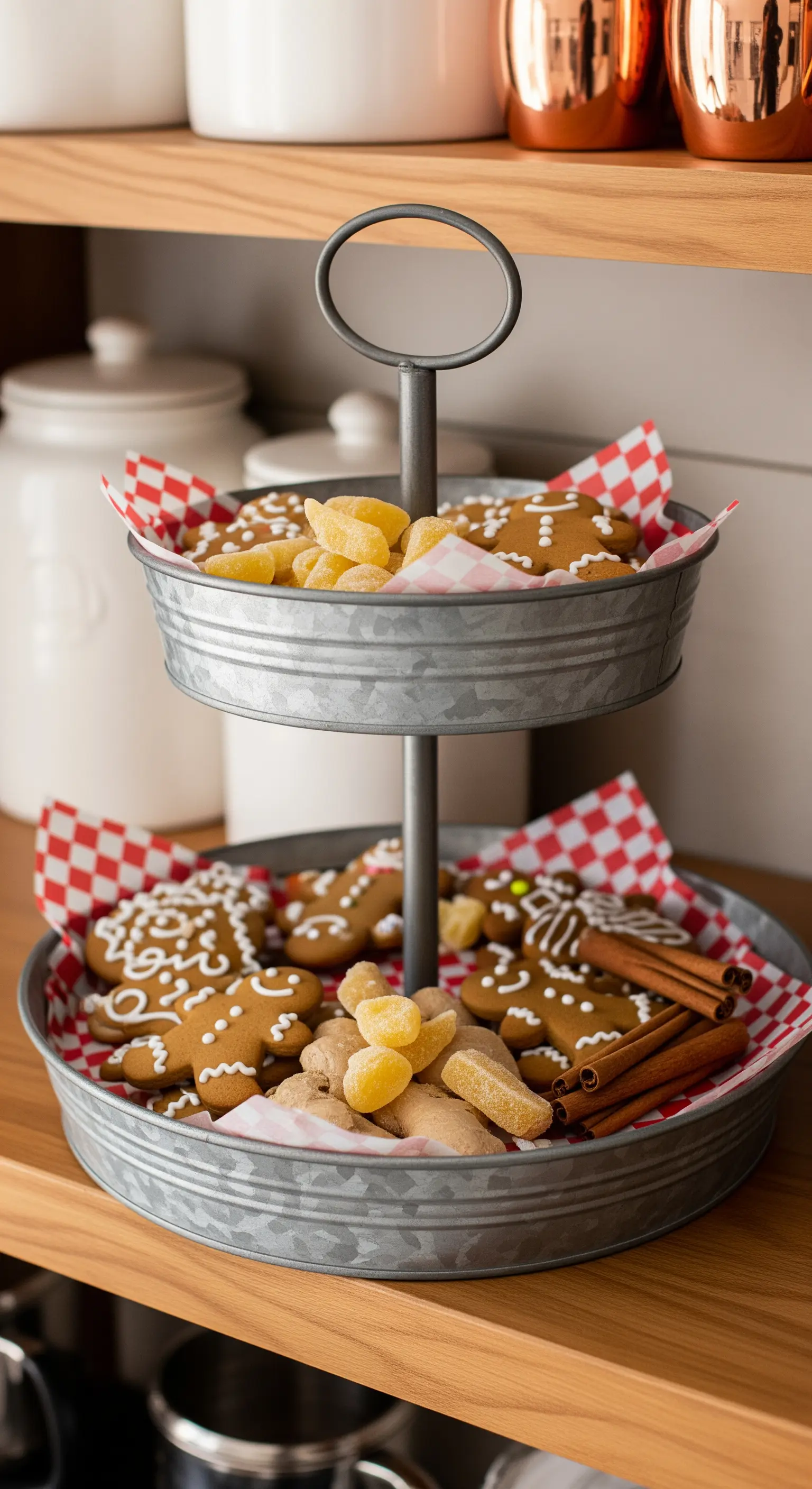 Rustikale Etagere aus Zink mit Lebkuchen und Karopapier.