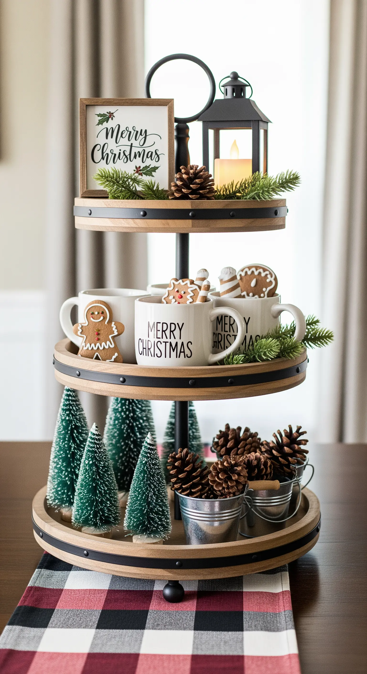 Weihnachtliche Farmhouse-Etagere aus Holz und Metall mit Tassen und Mini-Tannenbäumen.