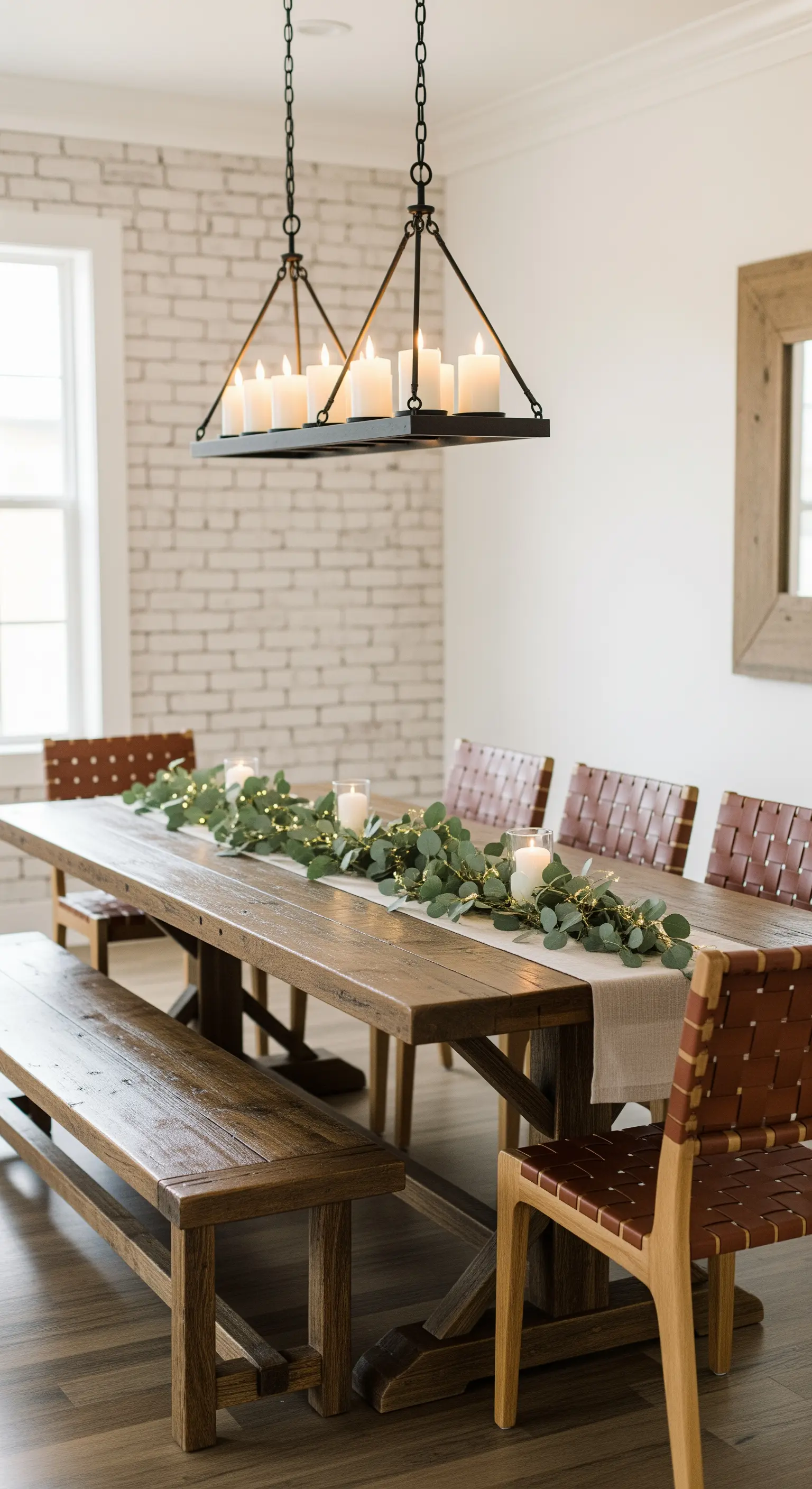 Langer Holztisch mit Eukalyptusgirlande und Lichterketten dekoriert.