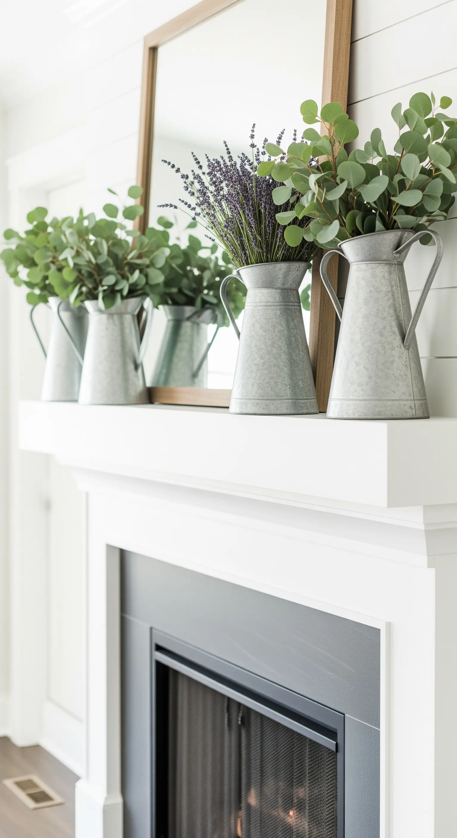 Zinkkannen mit Eukalyptus und Lavendel auf einem weißen Kaminsims.