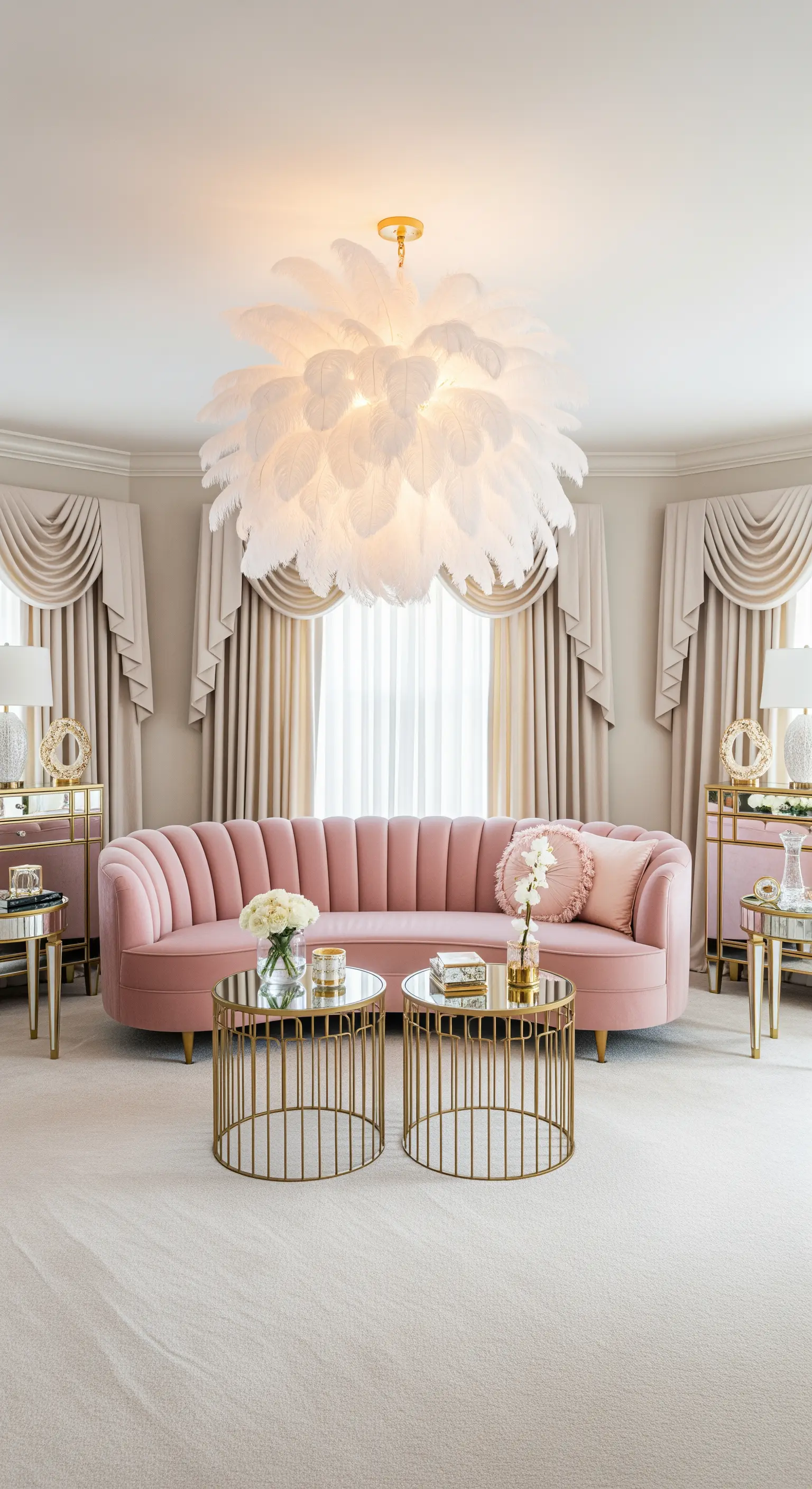 Großer, weißer Feder-Kronleuchter über einem rosa Samtsofa in einem eleganten Wohnzimmer.