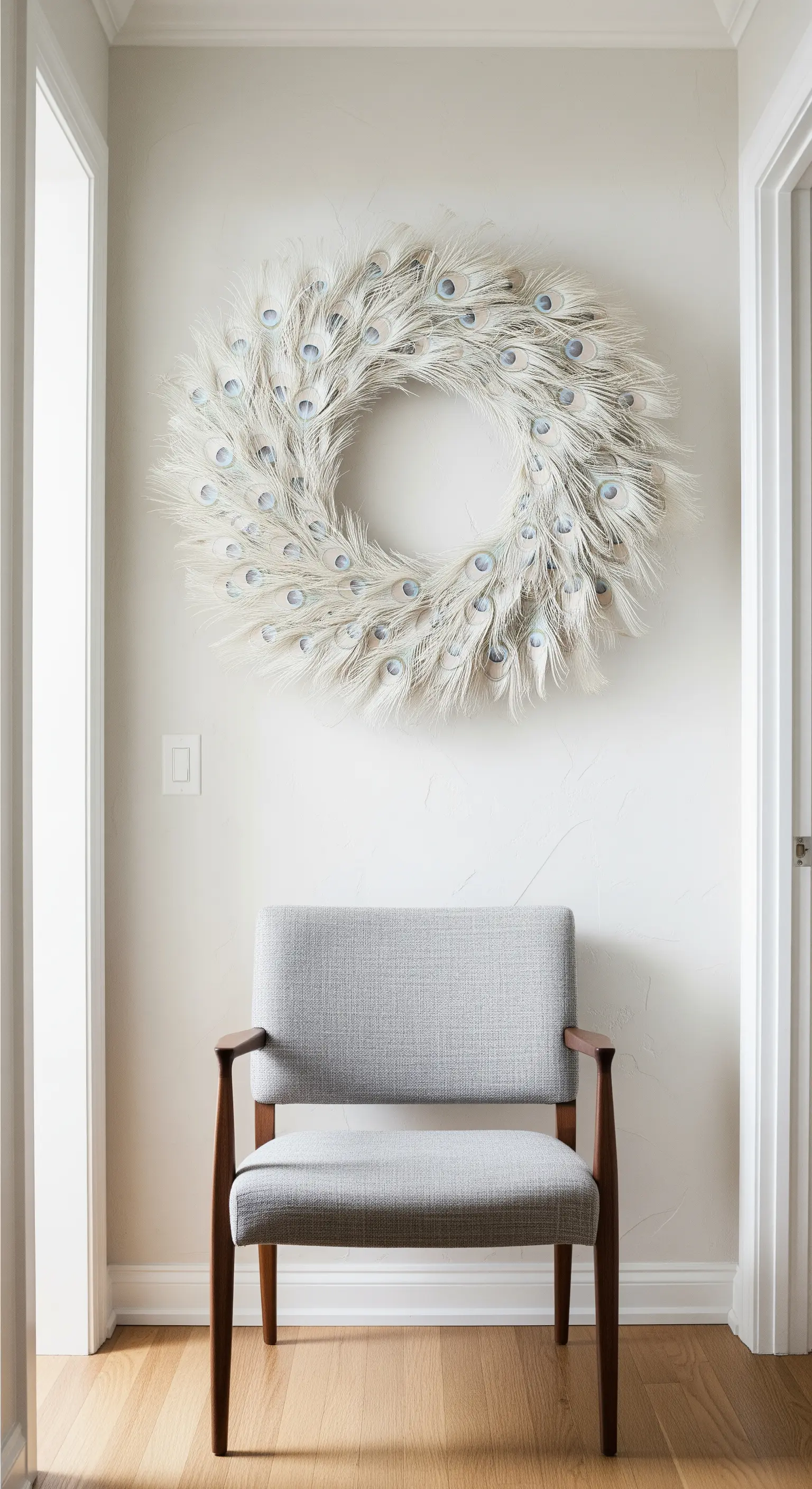 Weißer Federkranz mit blauen Akzenten über hellem Stuhl.