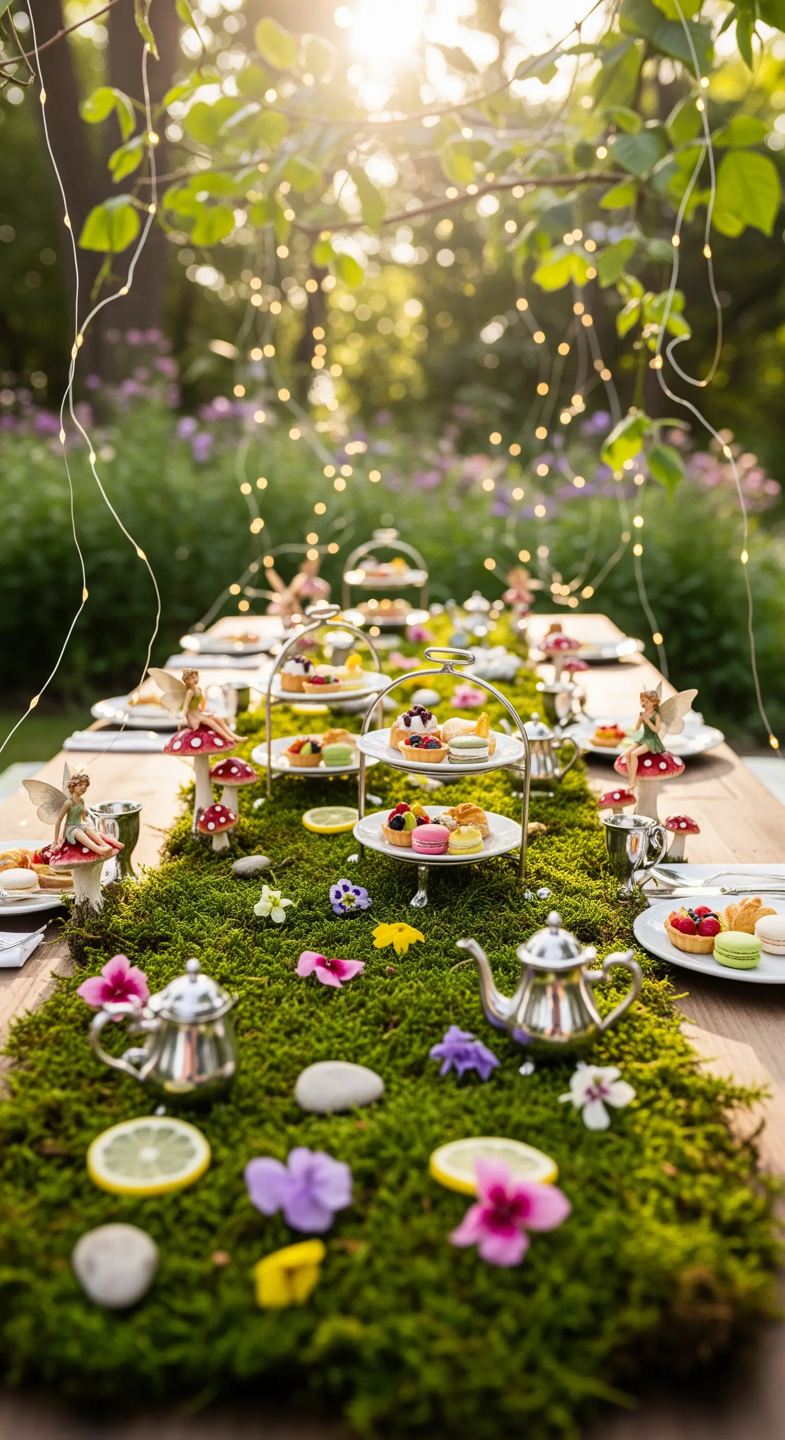 Feenwald-Teeparty mit Moosläufer, Lichterketten, Mini-Tarts, Zitronen und Feenfiguren