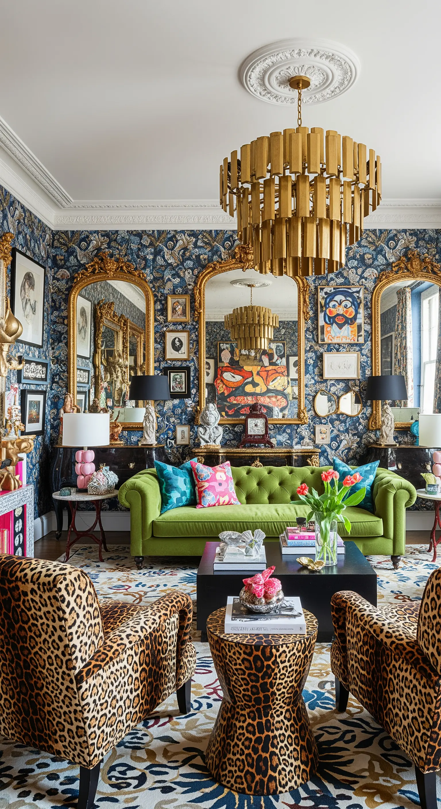 Maximalistisches Wohnzimmer mit Mustertapete, goldenen Spiegeln, grünem Sofa und Leoparden-Sesseln.