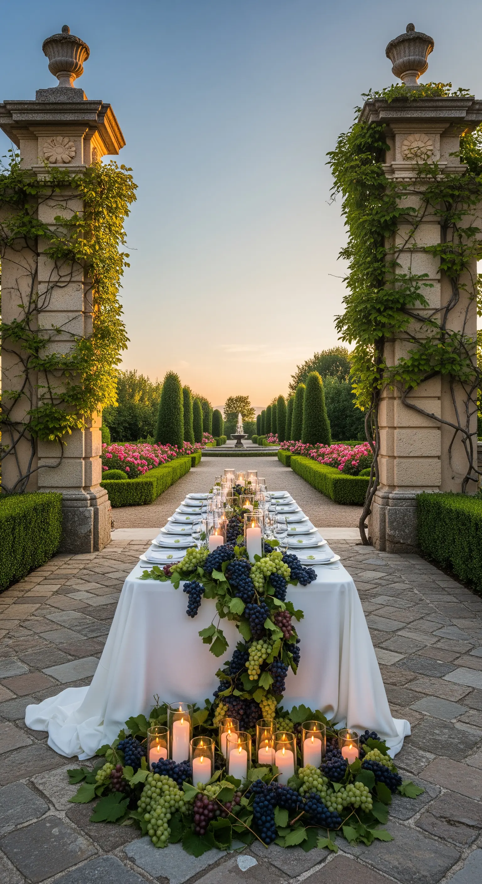 Allee-Tafel im Garten mit Trauben und Kerzen am Fuß und auf Tisch