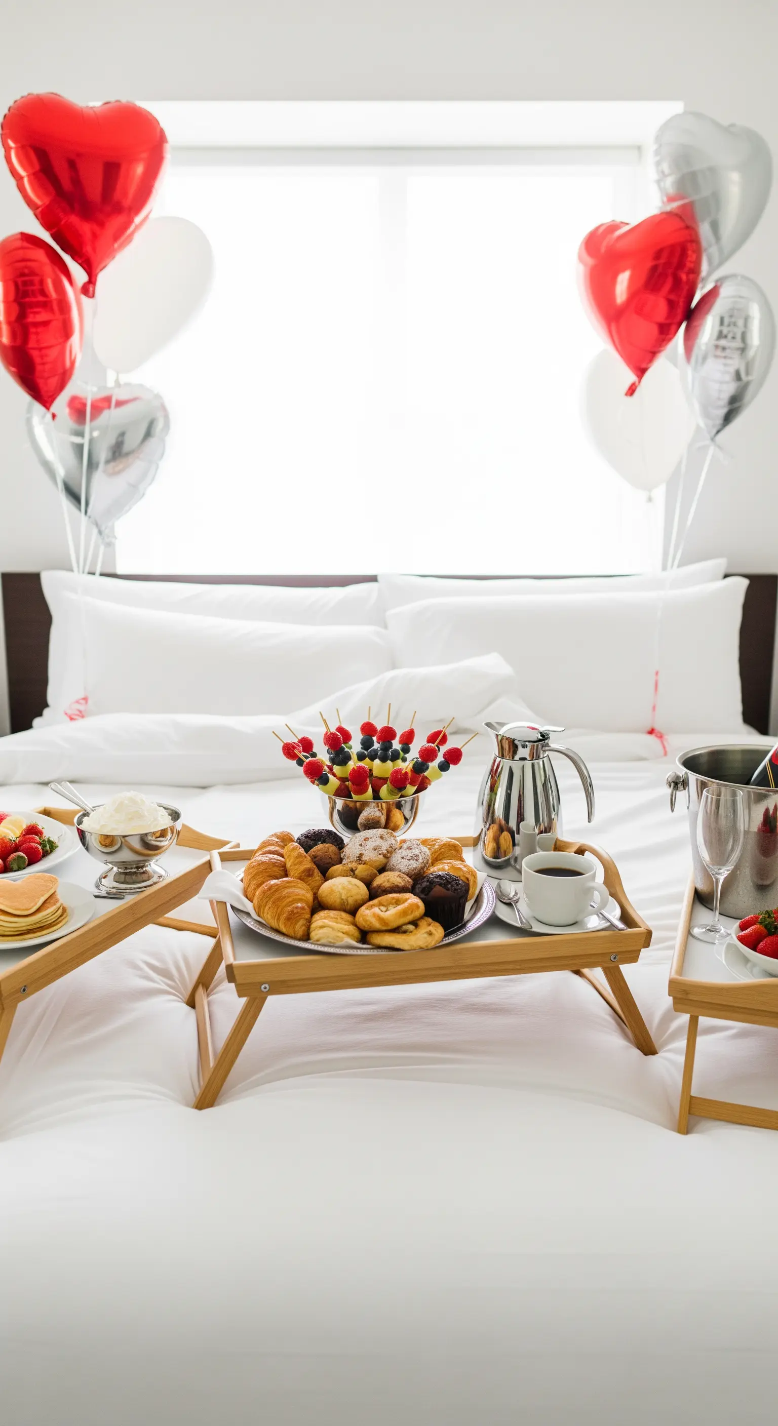 Feierliches Frühstück mit herzförmigen Ballons, verschiedenen Speisen und Getränken im Bett