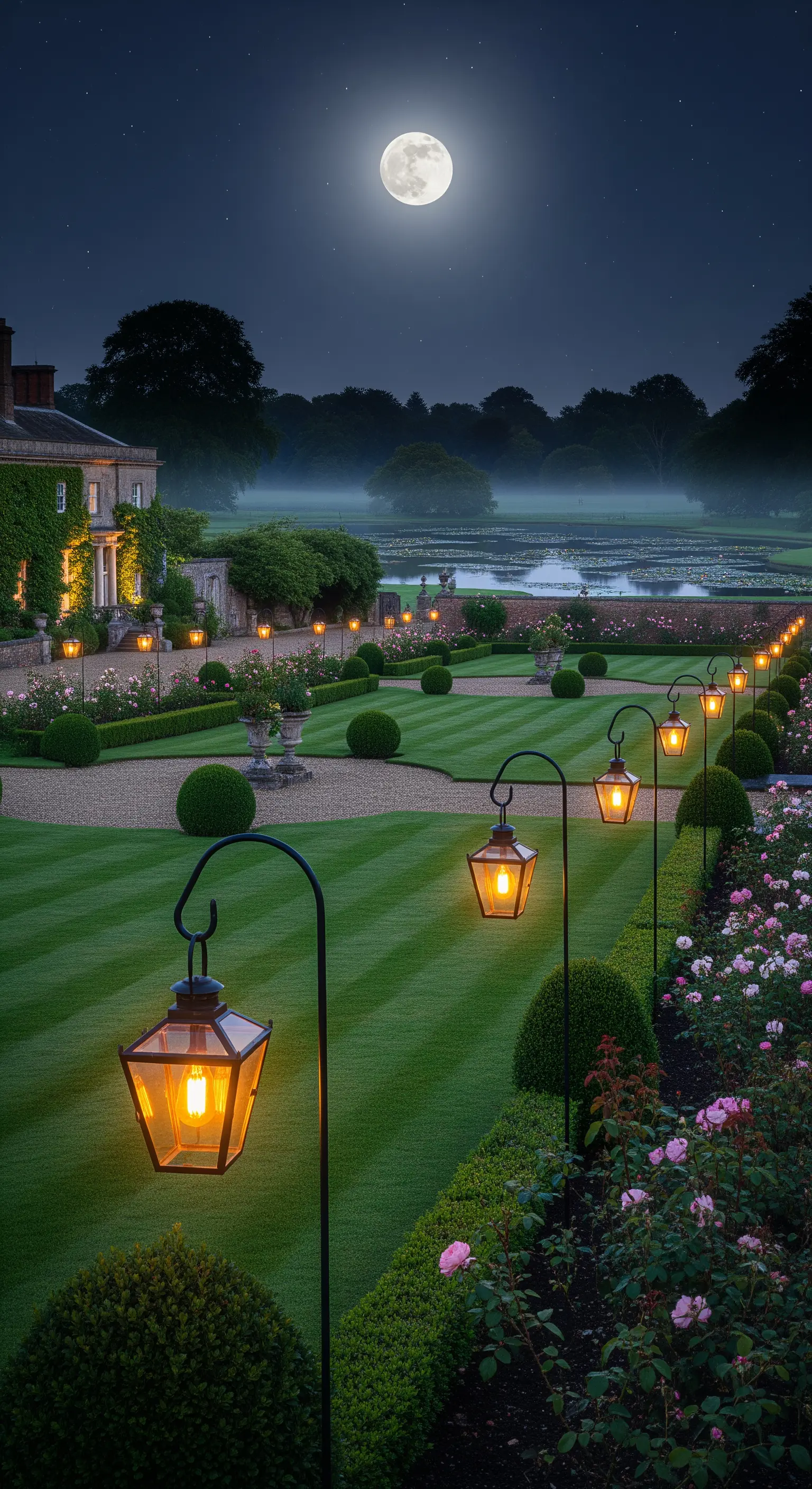 Großer englischer Gartenweg mit hohen Laternen und gepflegten Buchsbaumkugeln.