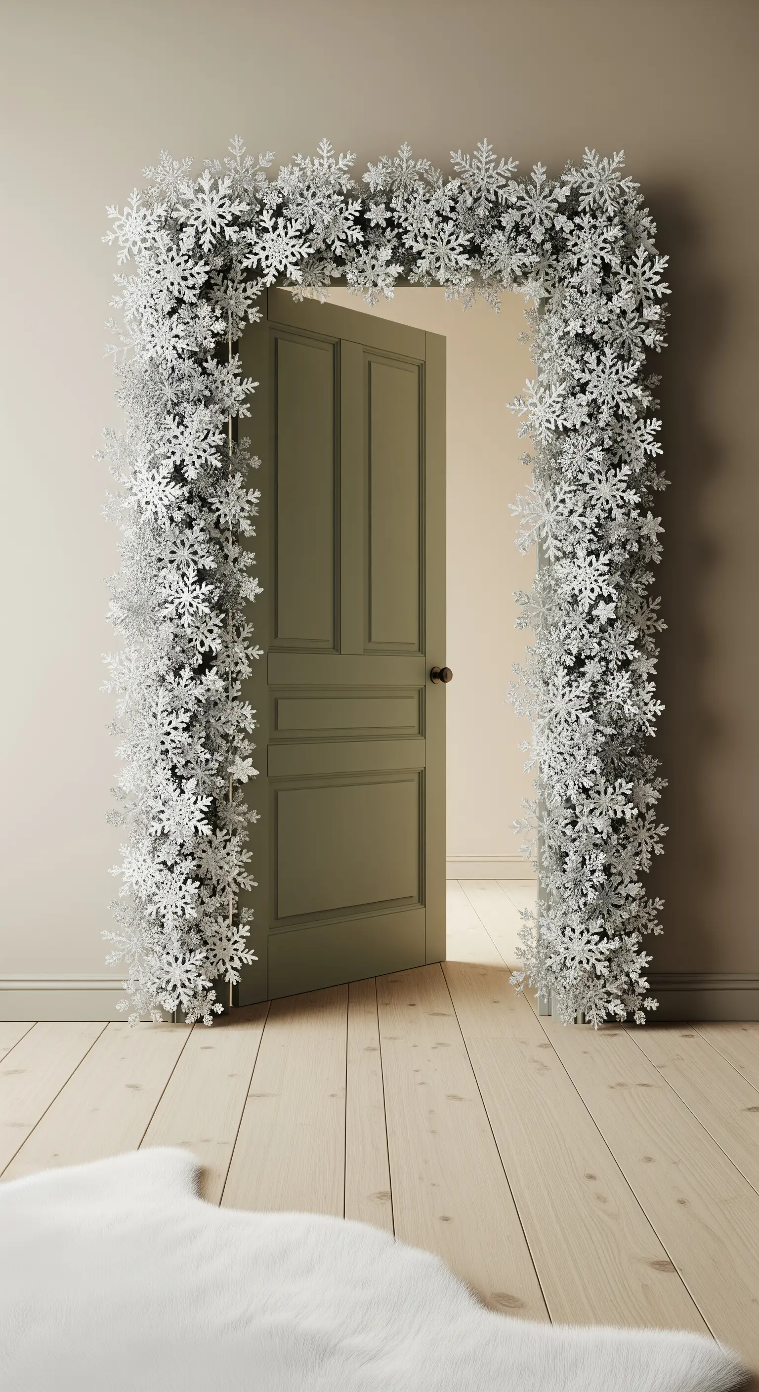 Türaufgang, umrahmt von einer dichten Girlande aus glitzernden weißen Schneeflocken und weißem Fellteppich