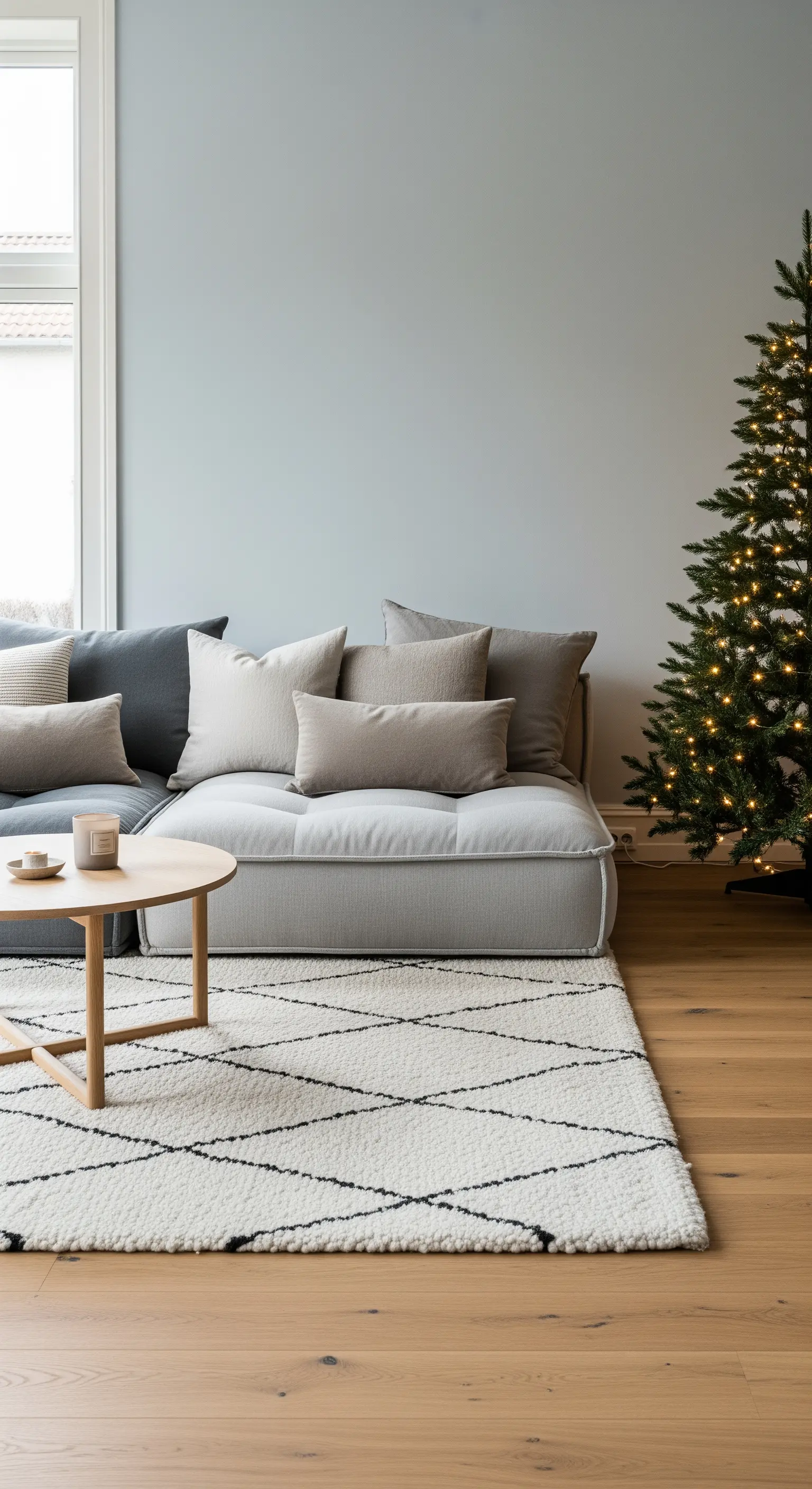 Wohnzimmer mit Ecksofa, Teppich und kleinem beleuchtetem Weihnachtsbaum