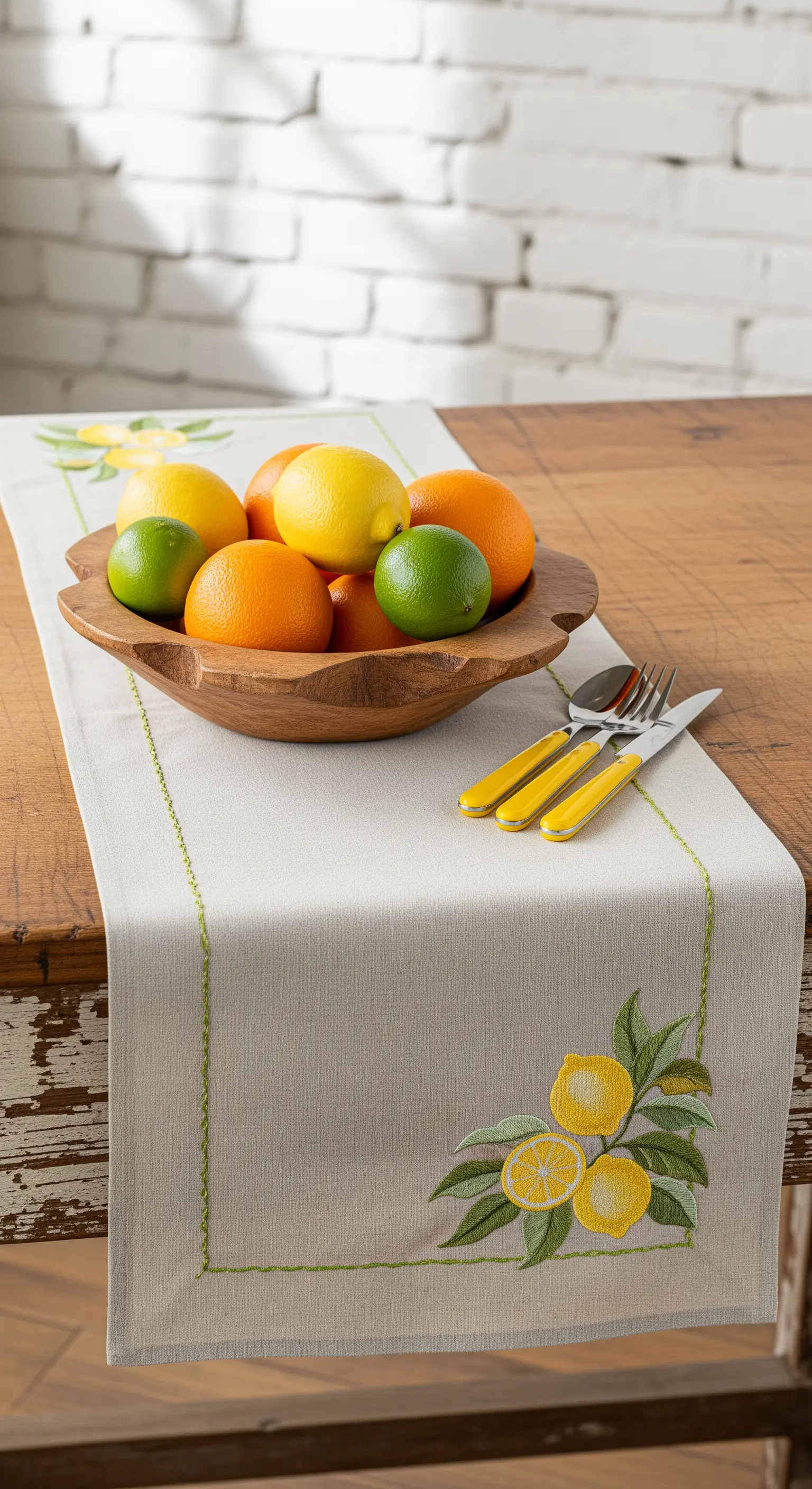 Holztisch mit besticktem Läufer, Zitrusfrüchten und gelbem Besteck