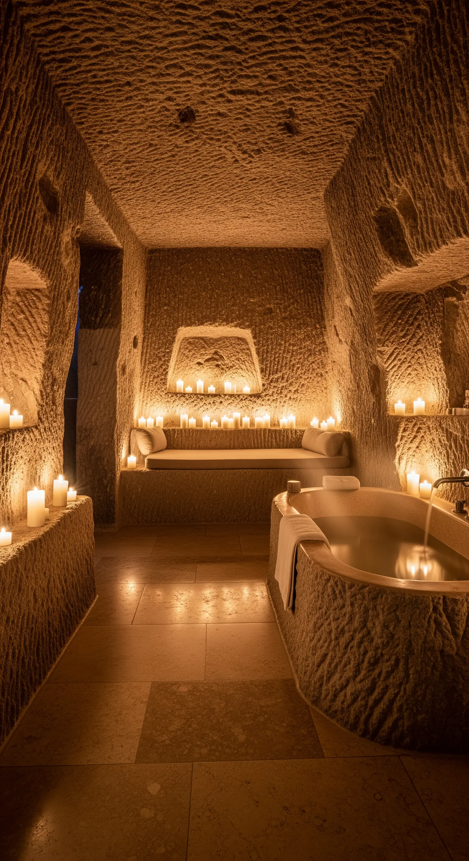 Einzigartiges Höhlen-Badezimmer aus rauem Stein, nur mit Kerzenlicht beleuchtet.