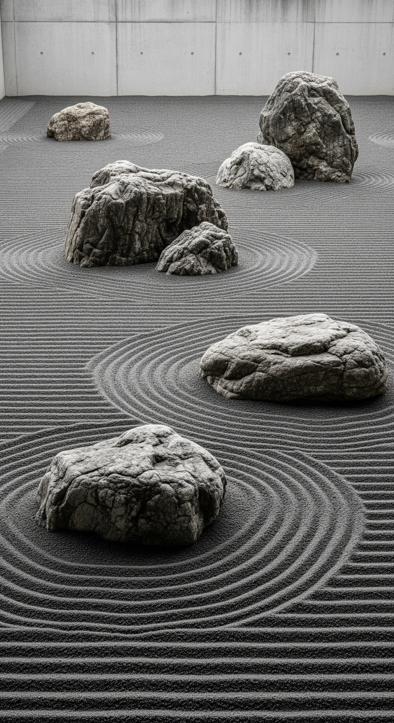 Sandgarten mit Felsgruppen, die wie Inseln im Meer wirken.