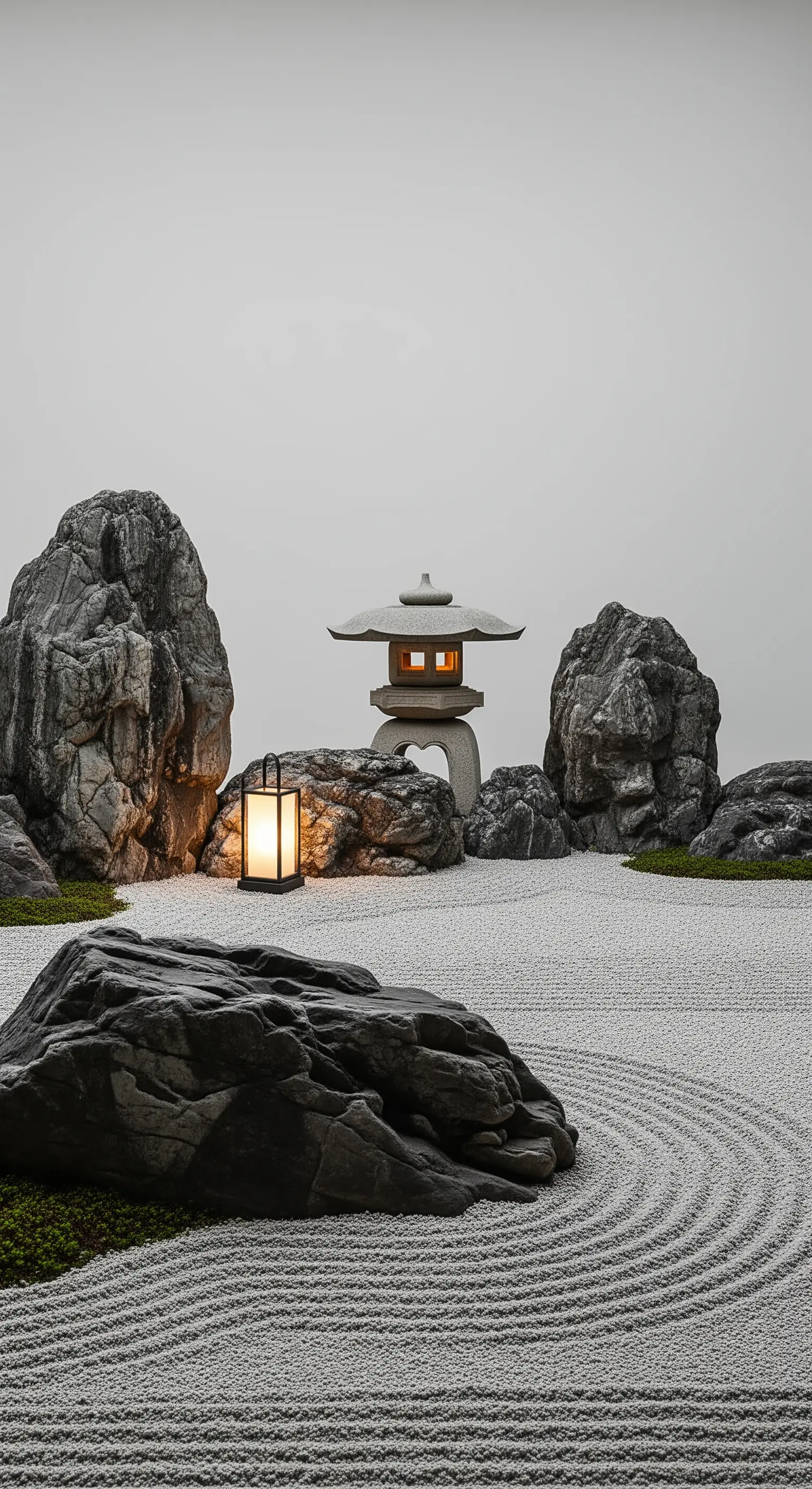 Eine Komposition aus großen Felsen und Steinlaternen in einem Sandgarten, dramatisch beleuchtet.