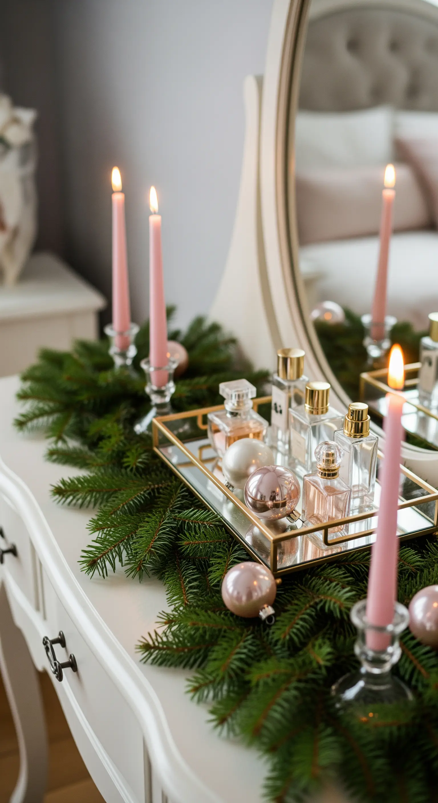 Schminktisch mit Tannengrün, rosa Kerzen und Parfümflakons auf einem goldenen Tablett.