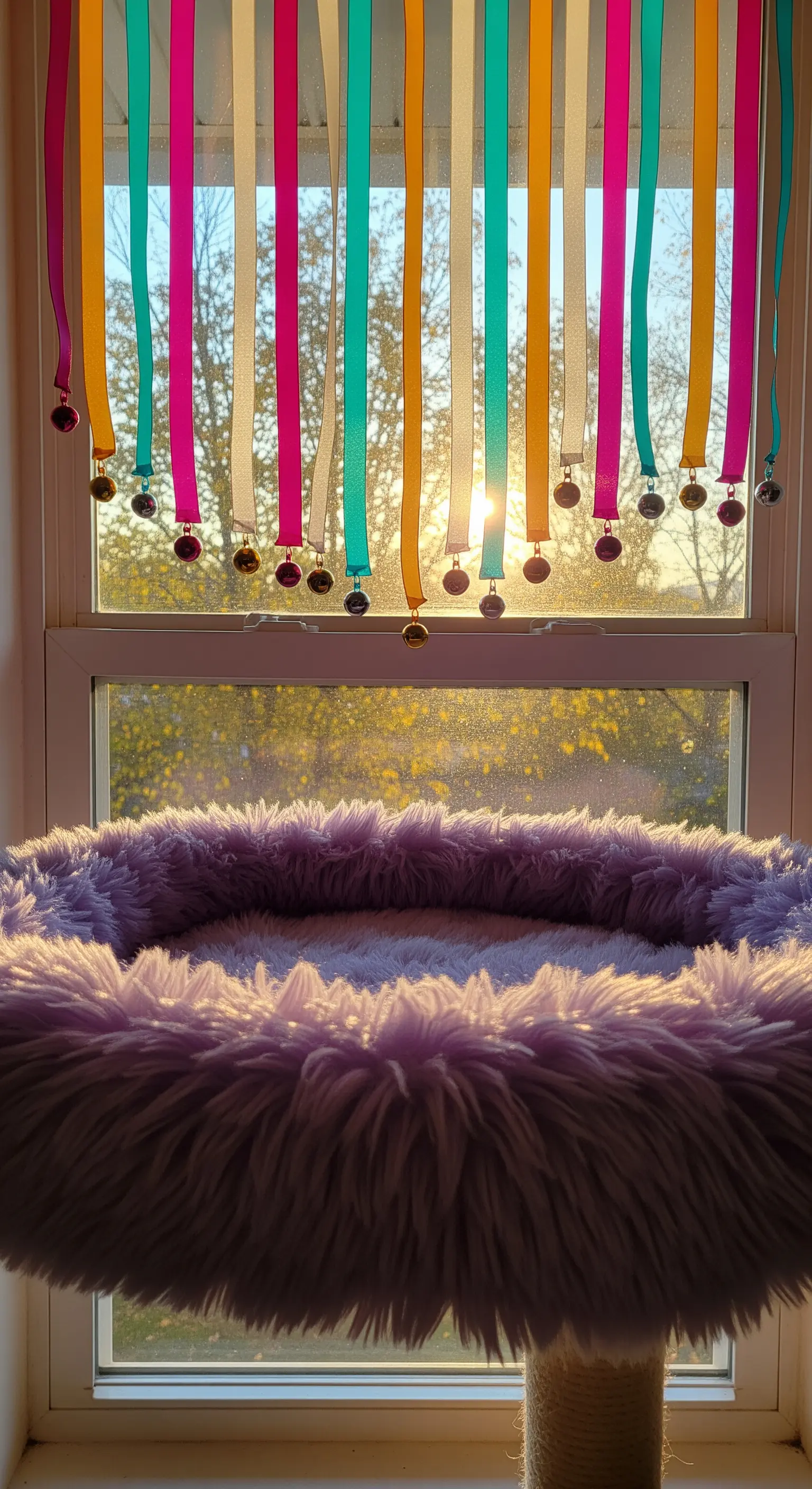Window with colorful ribbon and bell curtain, above a fluffy pet bed.