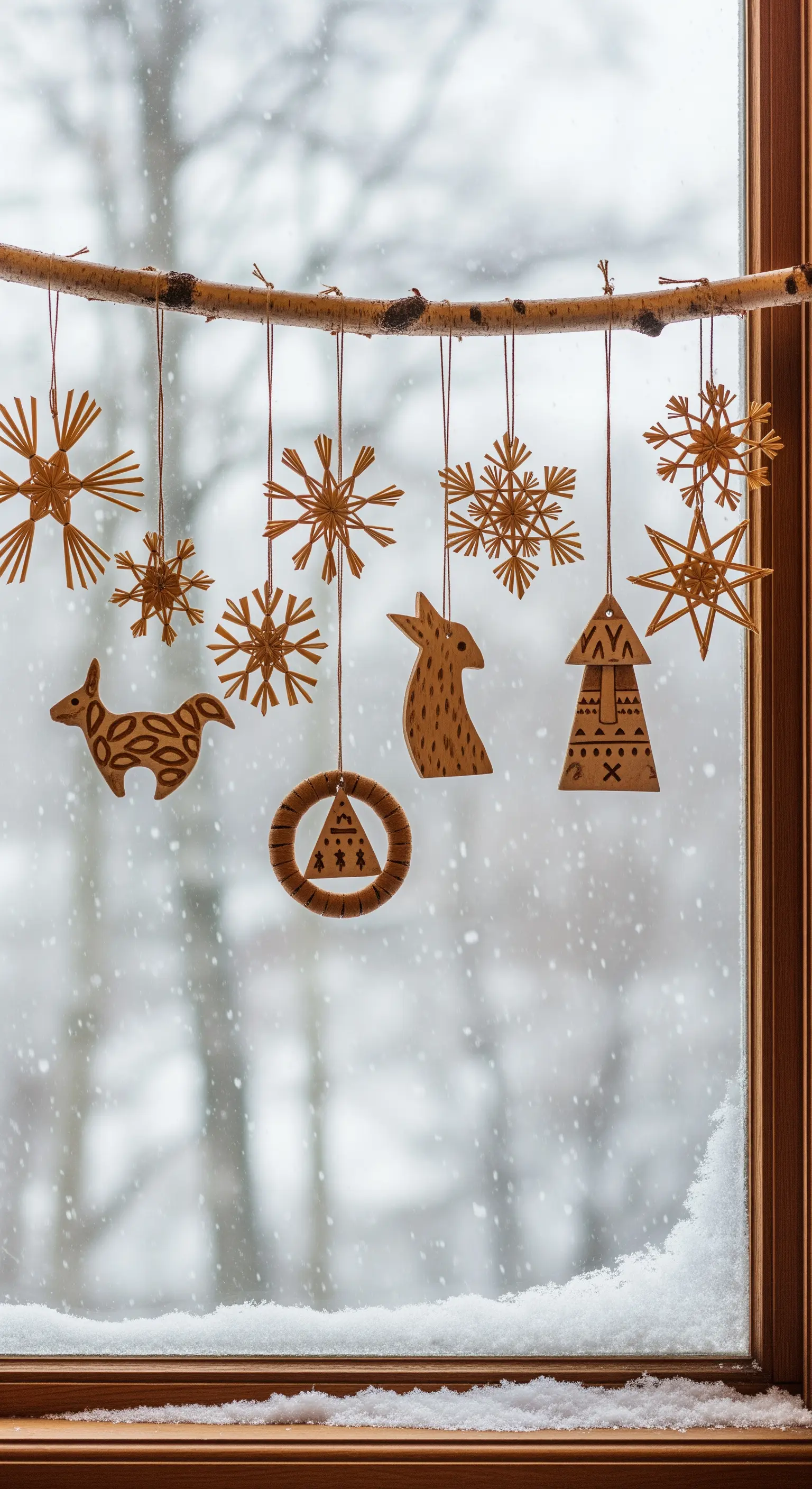 Fenster-Mobile mit Holz- und Strohfiguren vor verschneiter Landschaft
