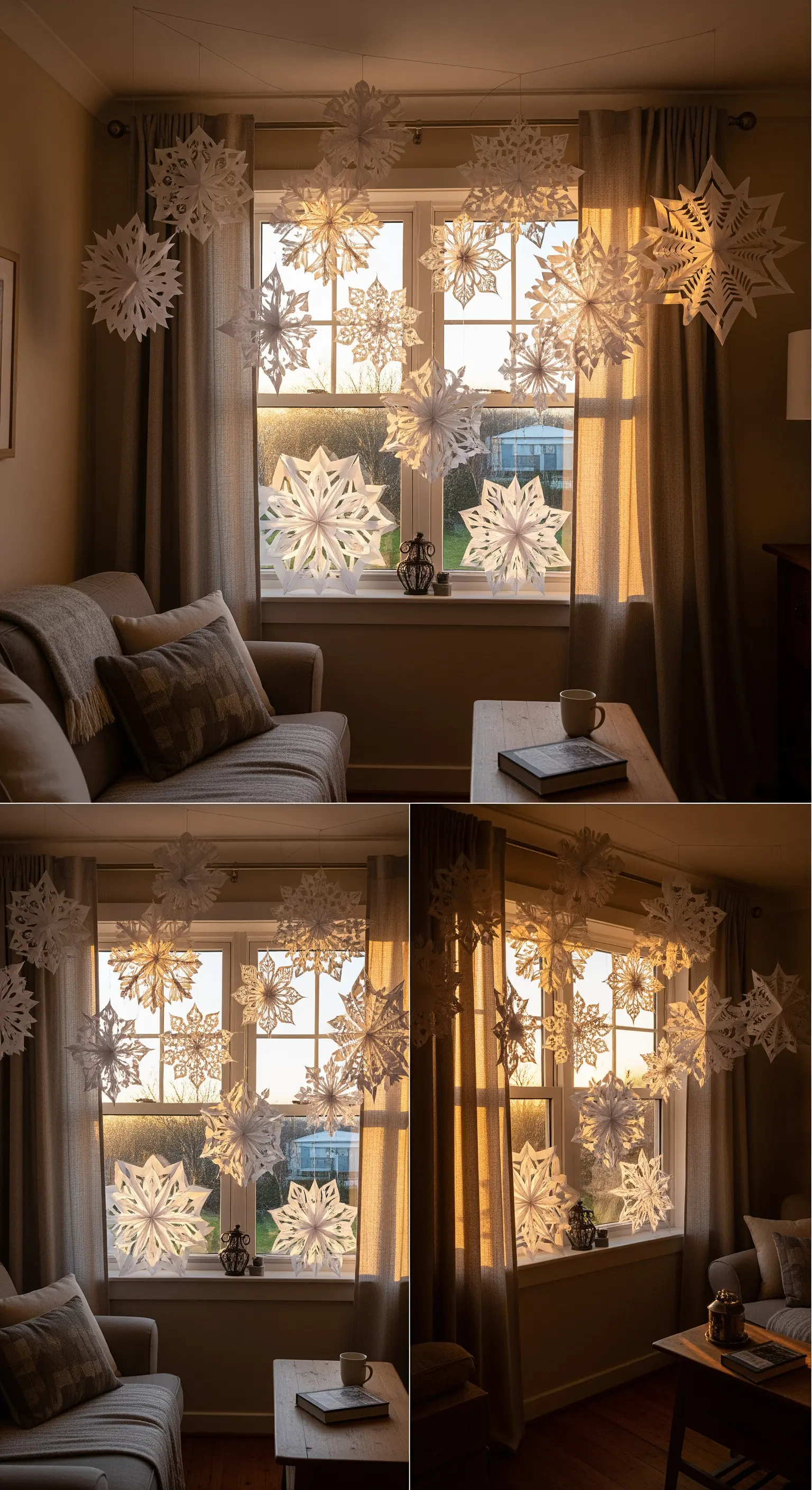 Verschiedene Papier-Schneeflocken an einem Fenster aufgehängt.