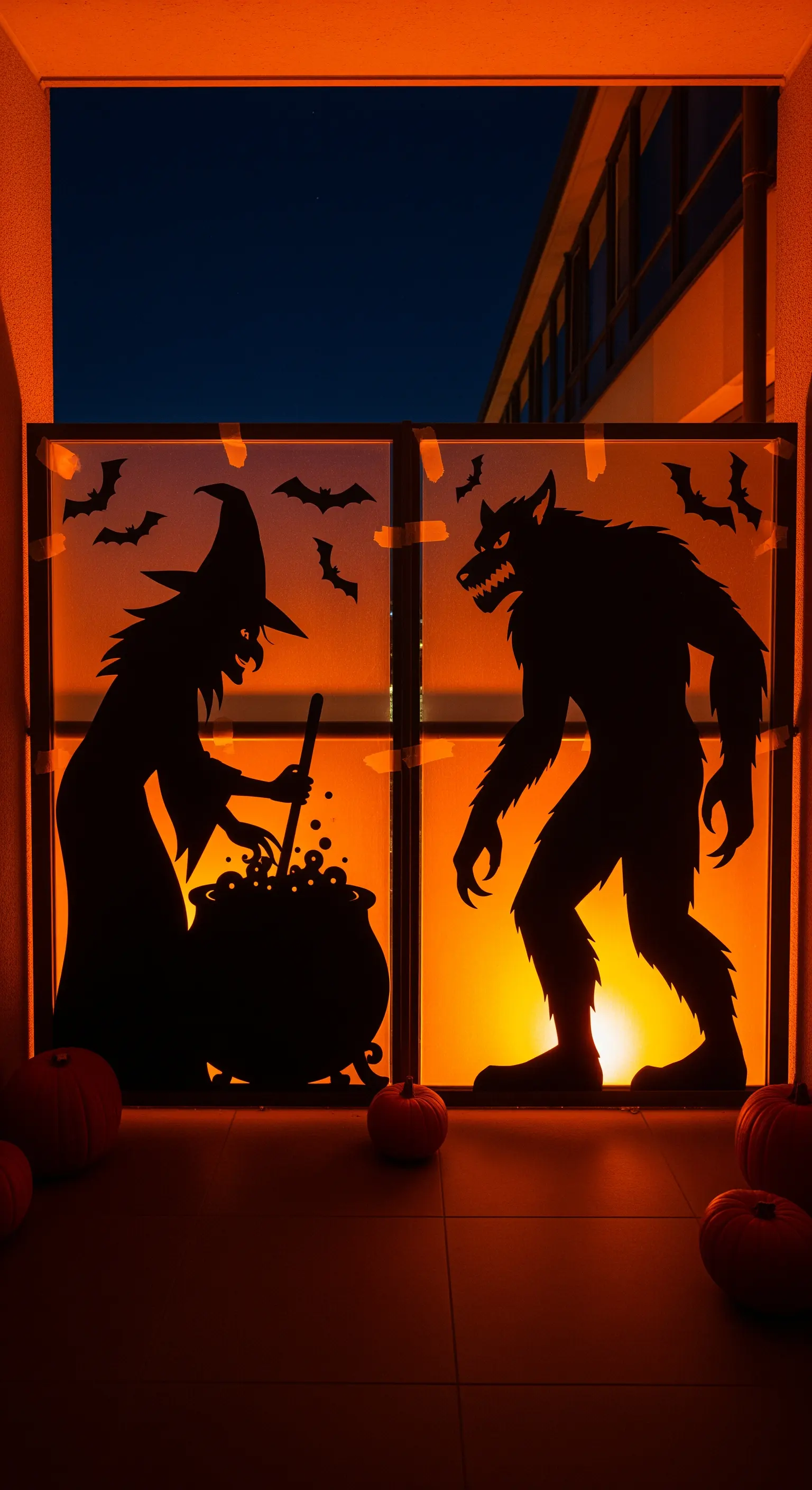 Balkontür mit beleuchteten Silhouetten einer Hexe und eines Werwolfs, umgeben von Kürbissen.