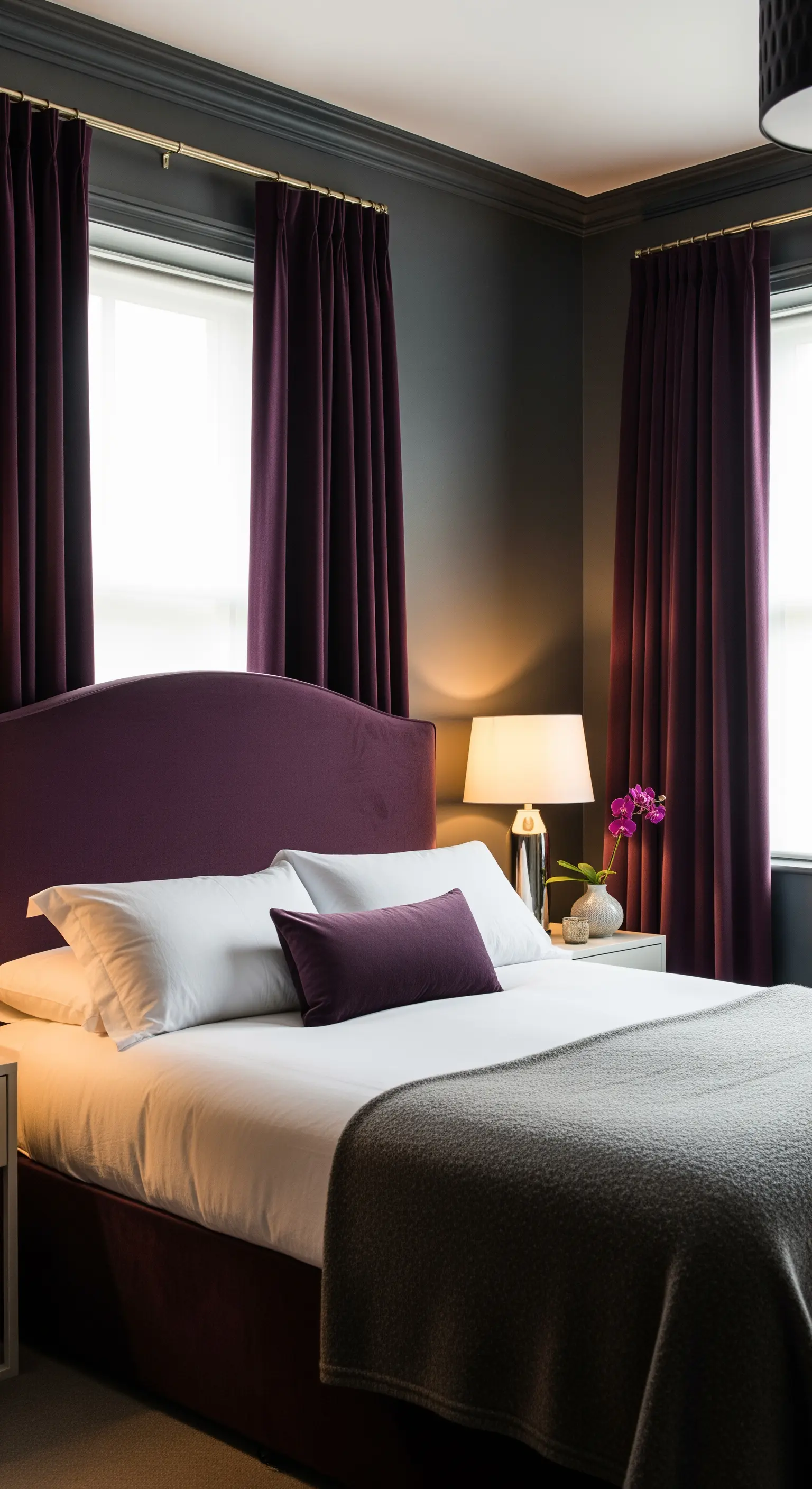 Schlafzimmer mit dunkelgrauen Wänden und schweren, bodenlangen Samtvorhängen in tiefem Violett