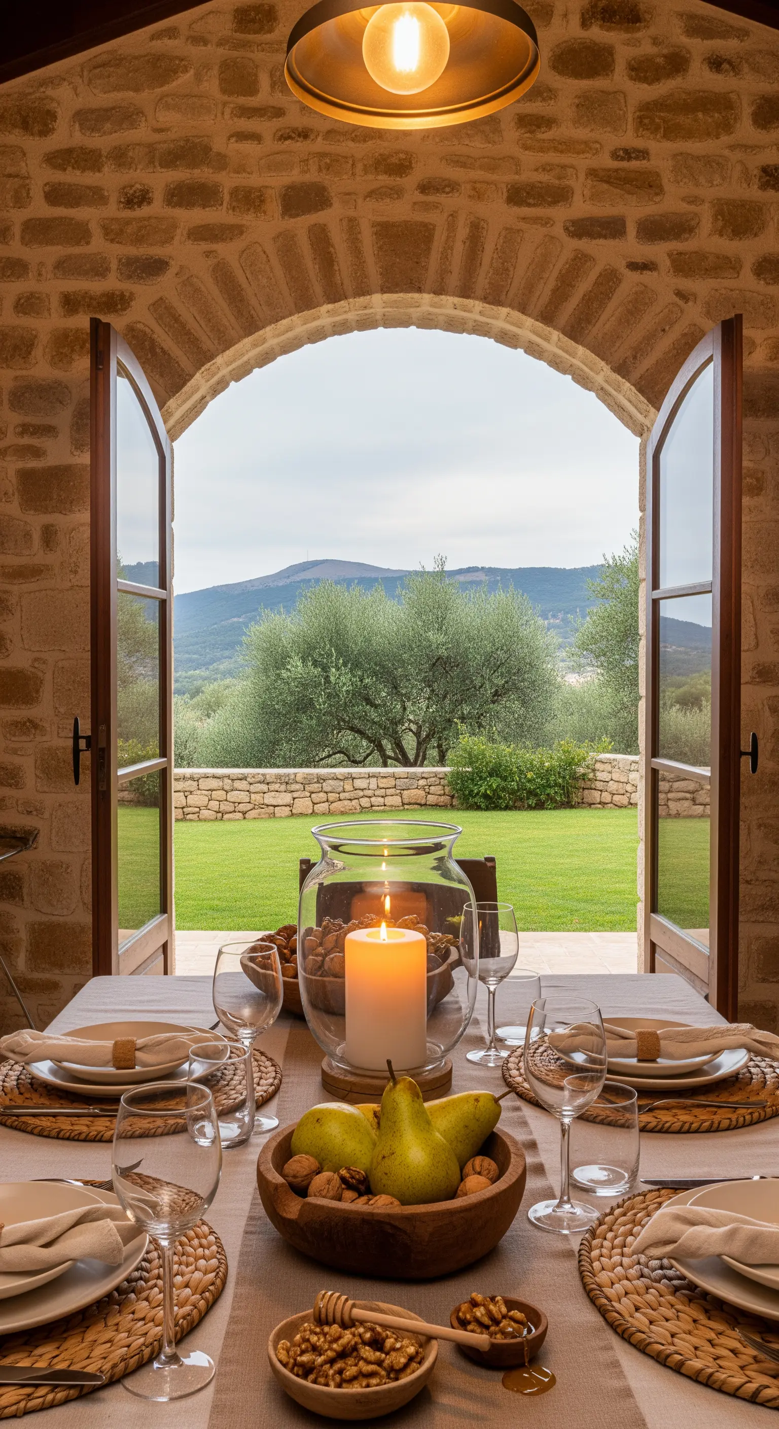 Gedeckter Tisch in einem Torbogen mit Blick auf den Garten und einer großen Kerzenlaterne.