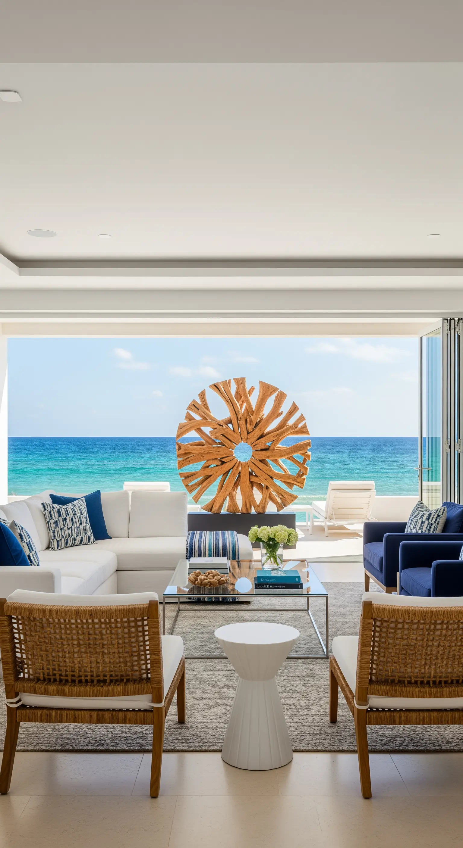 Holzskulptur vor einem großen Panoramafenster mit Blick auf das Meer.