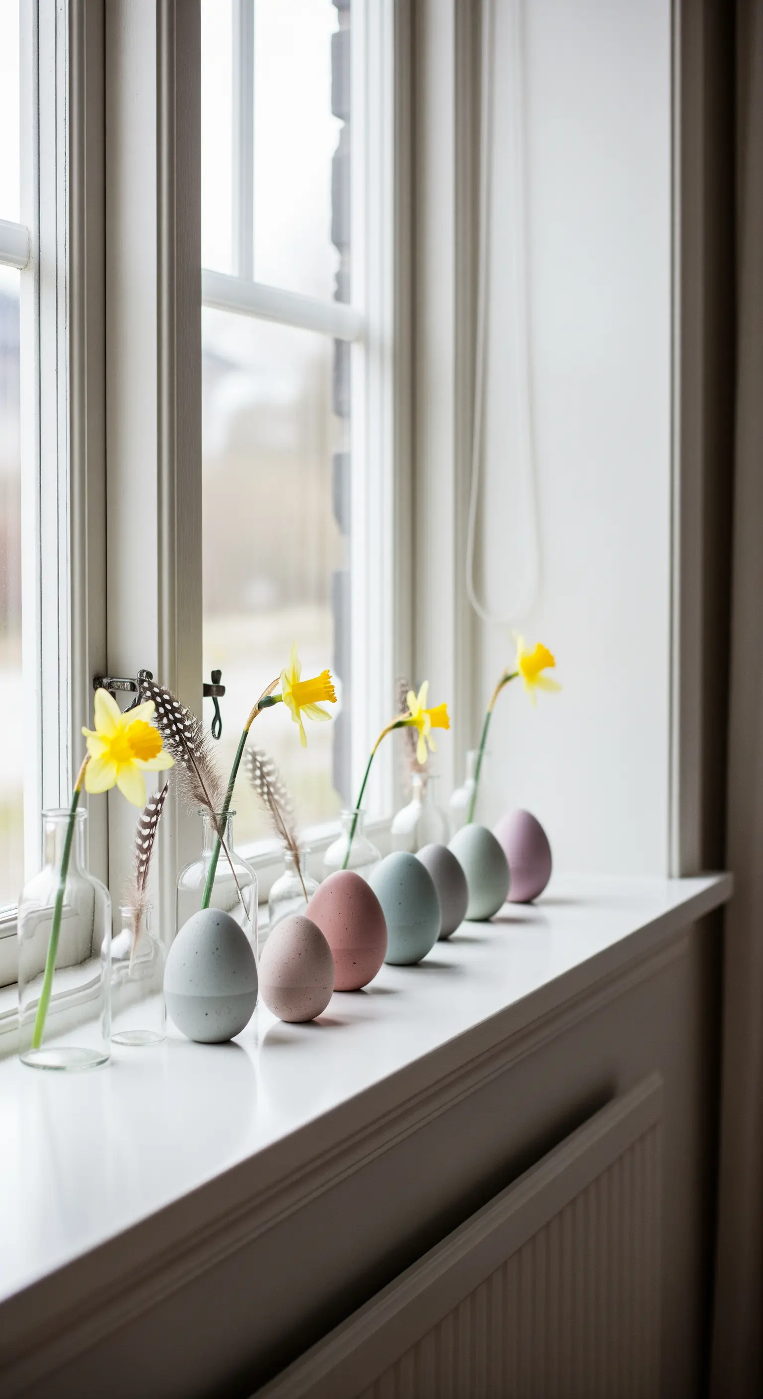 Reihe aus pastellfarbenen Eier-Vasen und Glasvasen mit einzelnen Narzissen auf der Fensterbank.