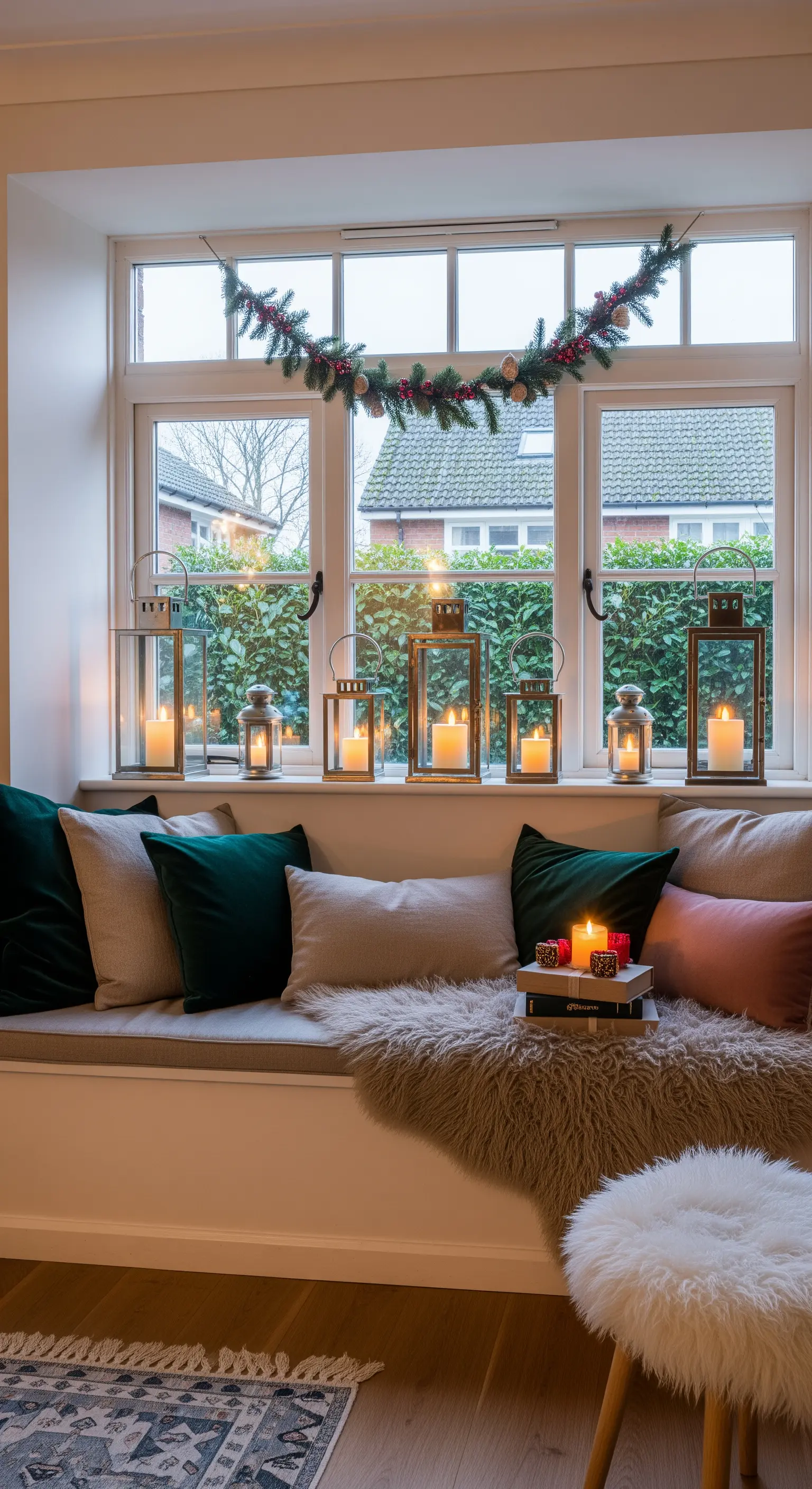 Fensterbank mit Laternen, Kerzen, Kissen und einer Tannengirlande
