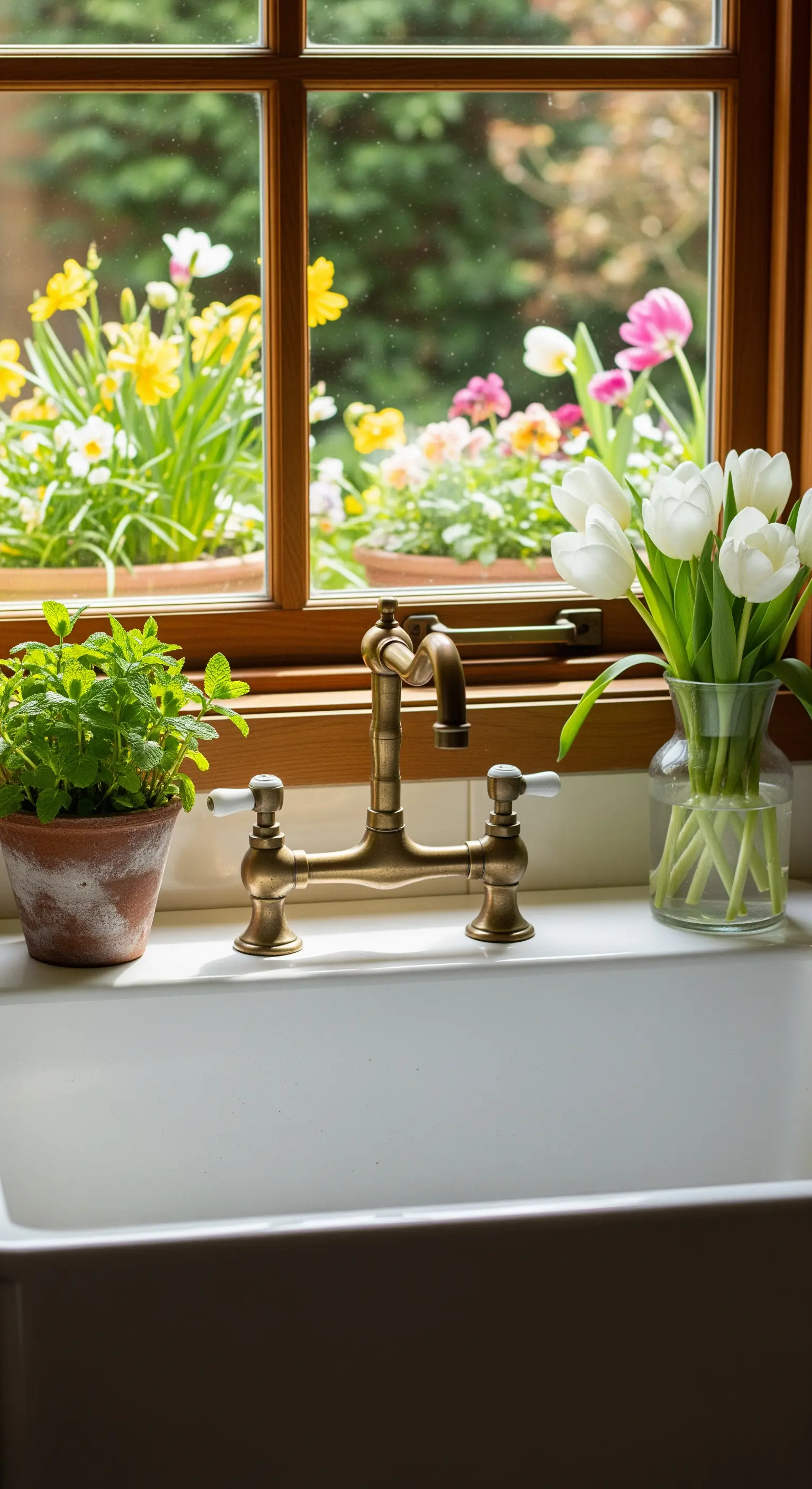 Weiße Tulpen und Minzpflanze auf einer Fensterbank