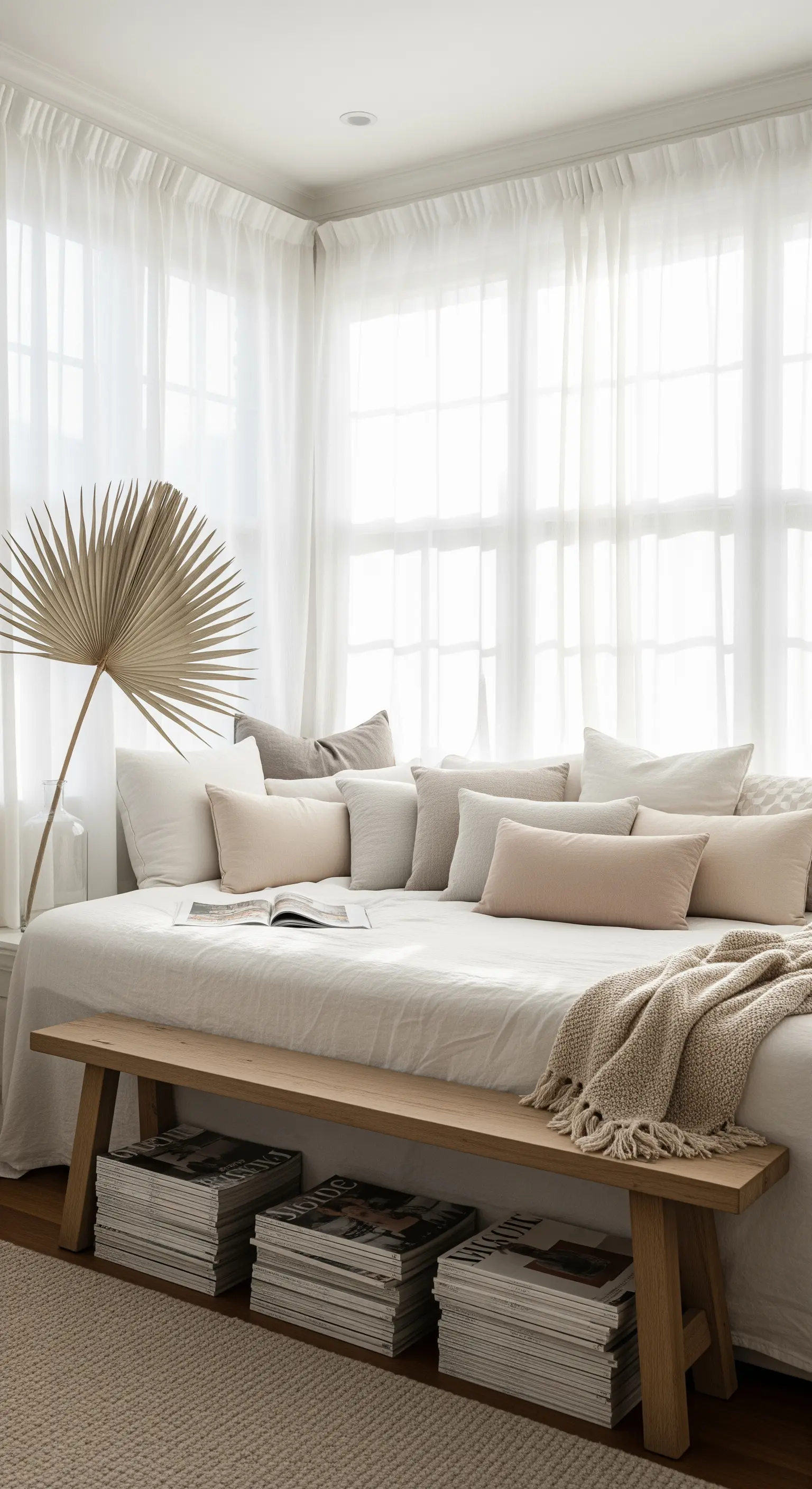 Helles Daybed in einem Erkerfenster mit vielen Kissen in neutralen Farben und Leinenstoffen.