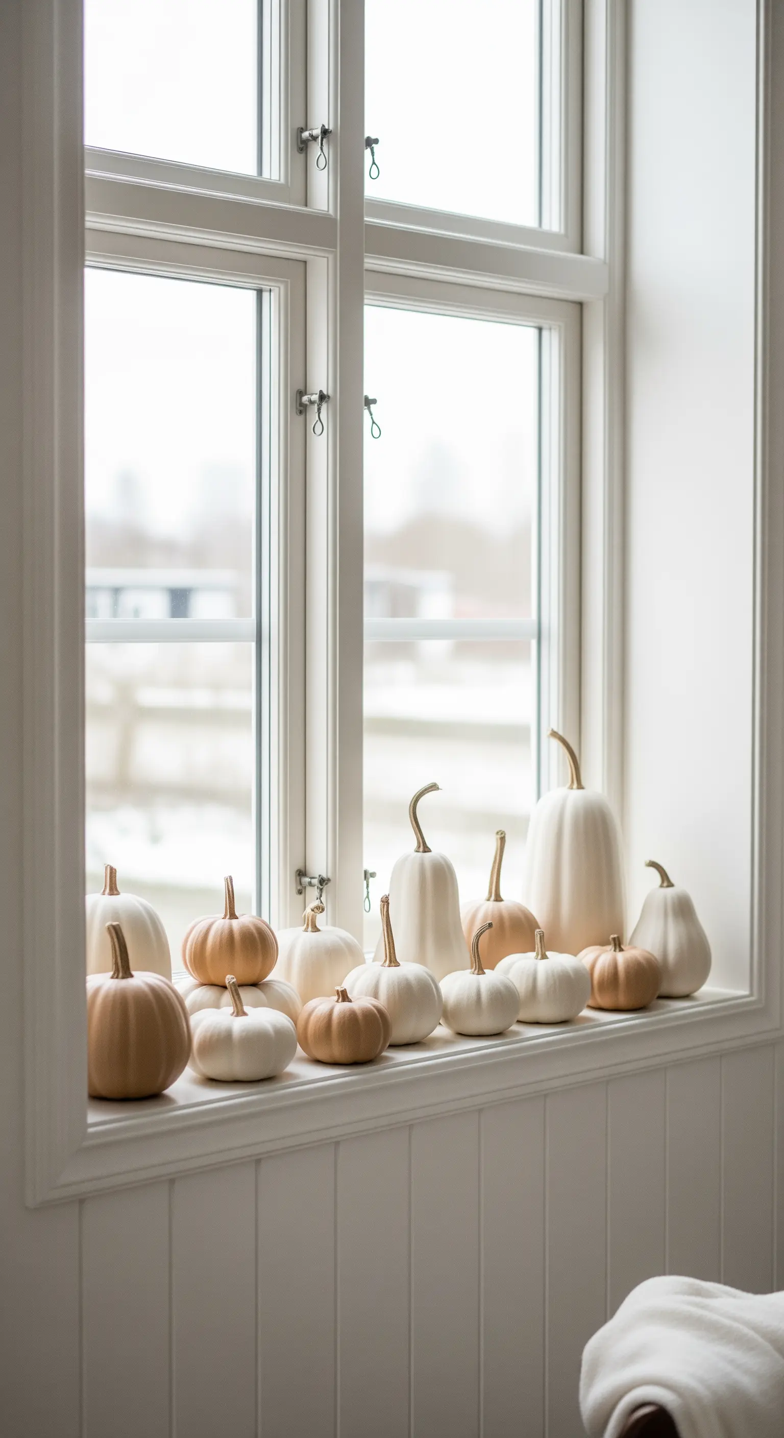 Eine Reihe von verschieden geformten Kürbissen in hellen Tönen auf einer weißen Fensterbank.