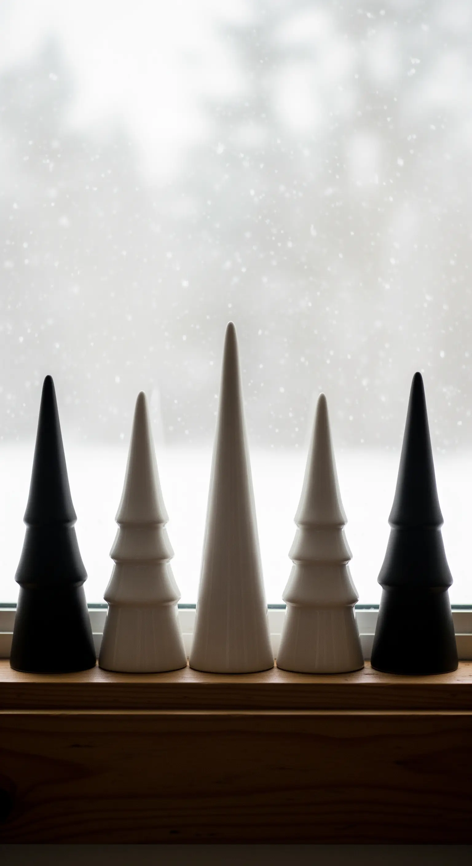 Fensterbank mit schwarzen und weißen Keramikbäumen vor Winterlandschaft.