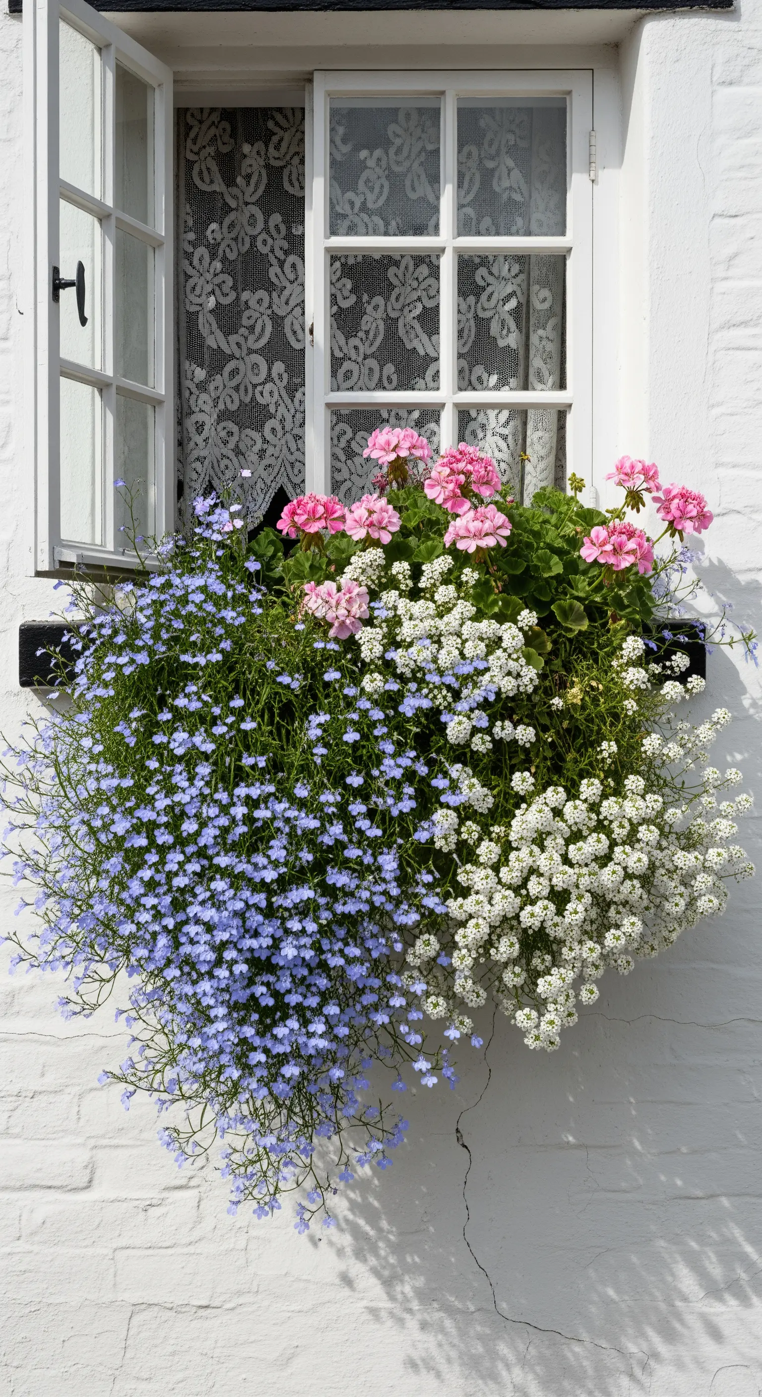 Blumenkasten mit rosa Geranien, blauen Lobelien und weißem Schleierkraut am Fenster
