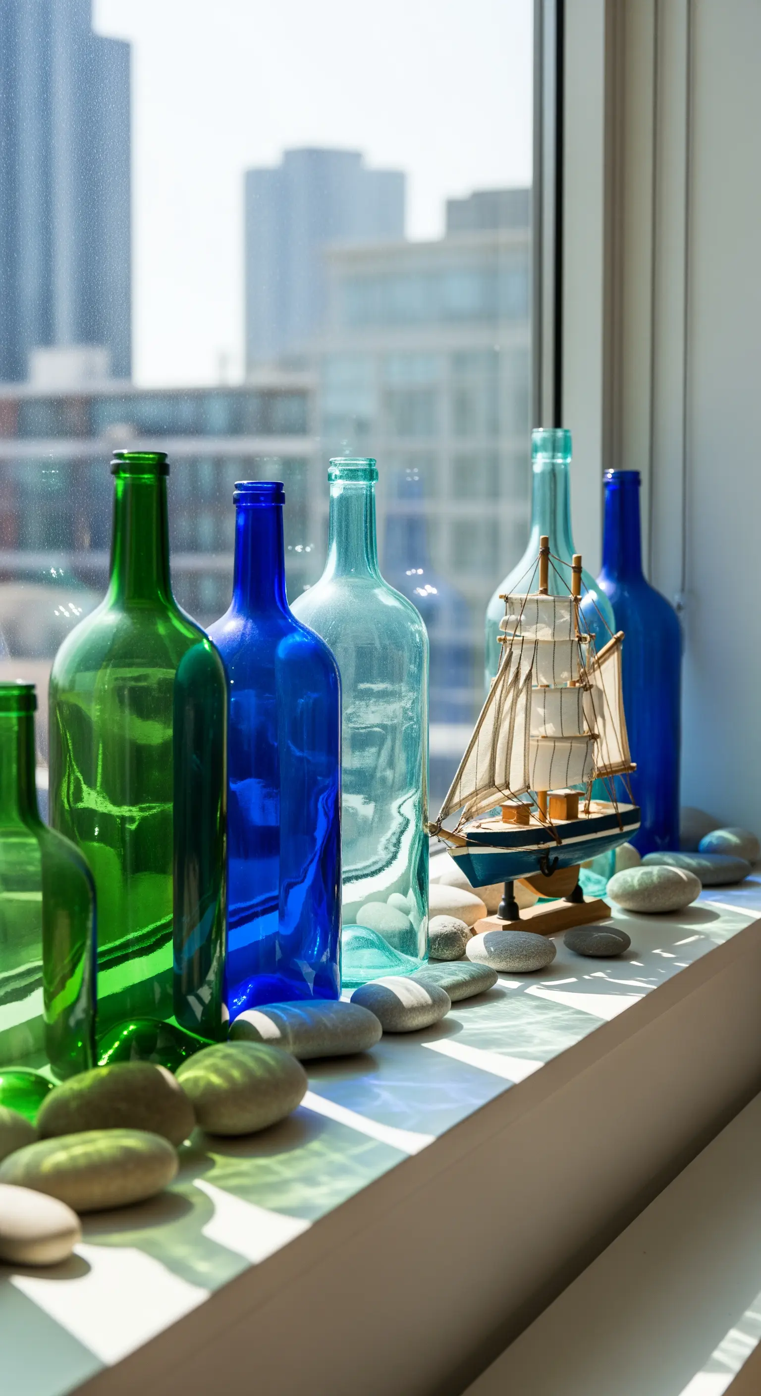 Blaue Glasflaschen, Segelschiff, Fensterbank