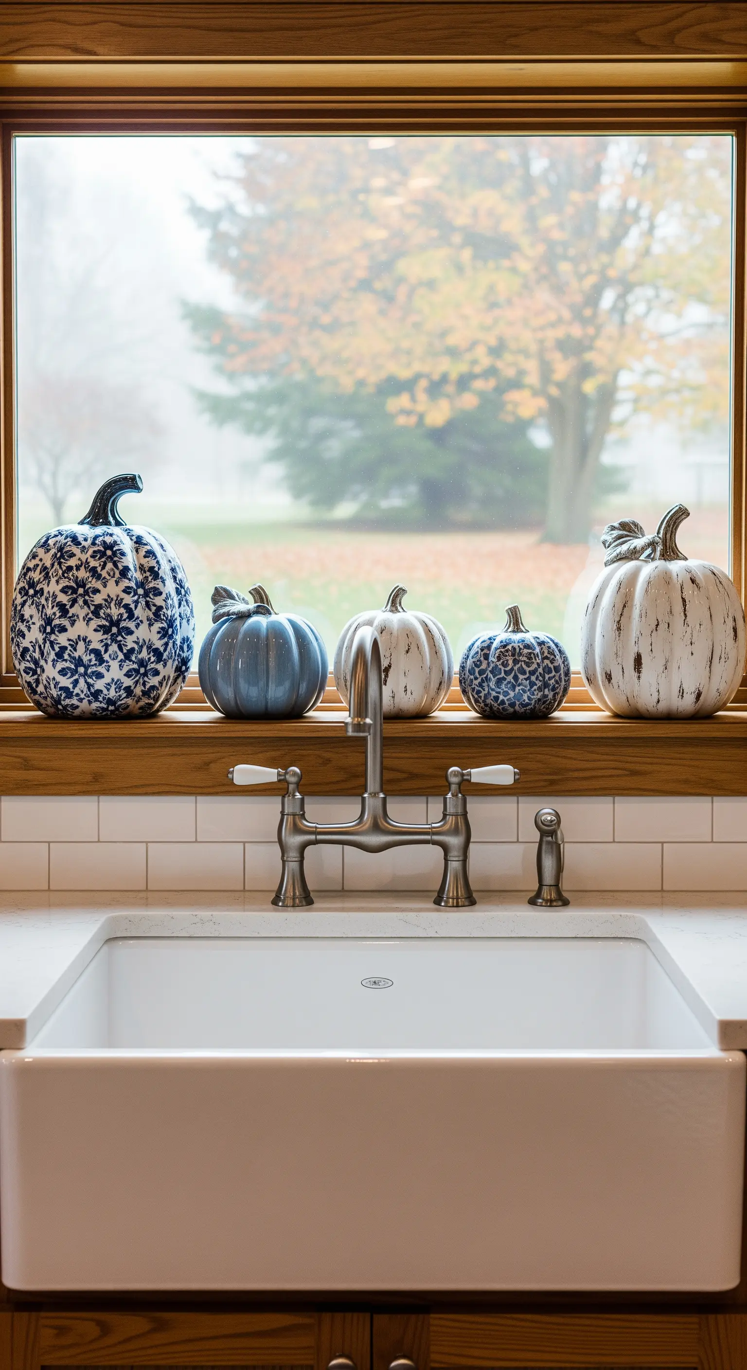 Küchenfensterbank mit Holzrahmen, dekoriert mit blauen, weißen und gemusterten Keramikkürbissen.