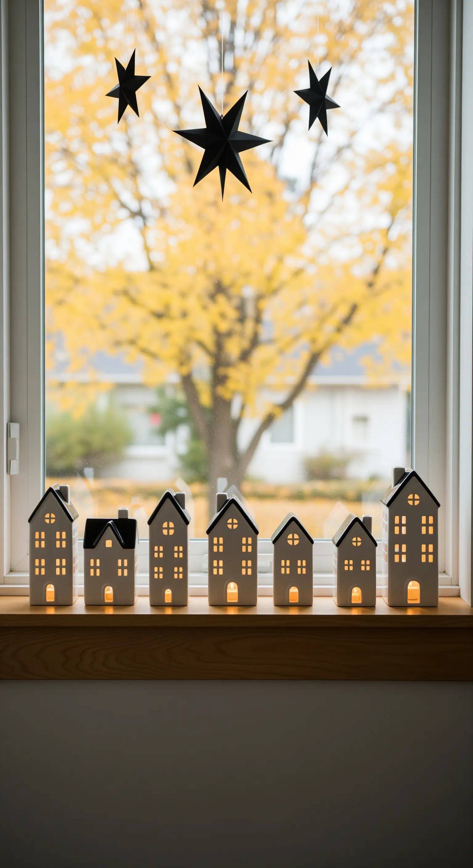 Fensterbank mit beleuchteten Keramikhäusern und hängenden schwarzen Sternen.