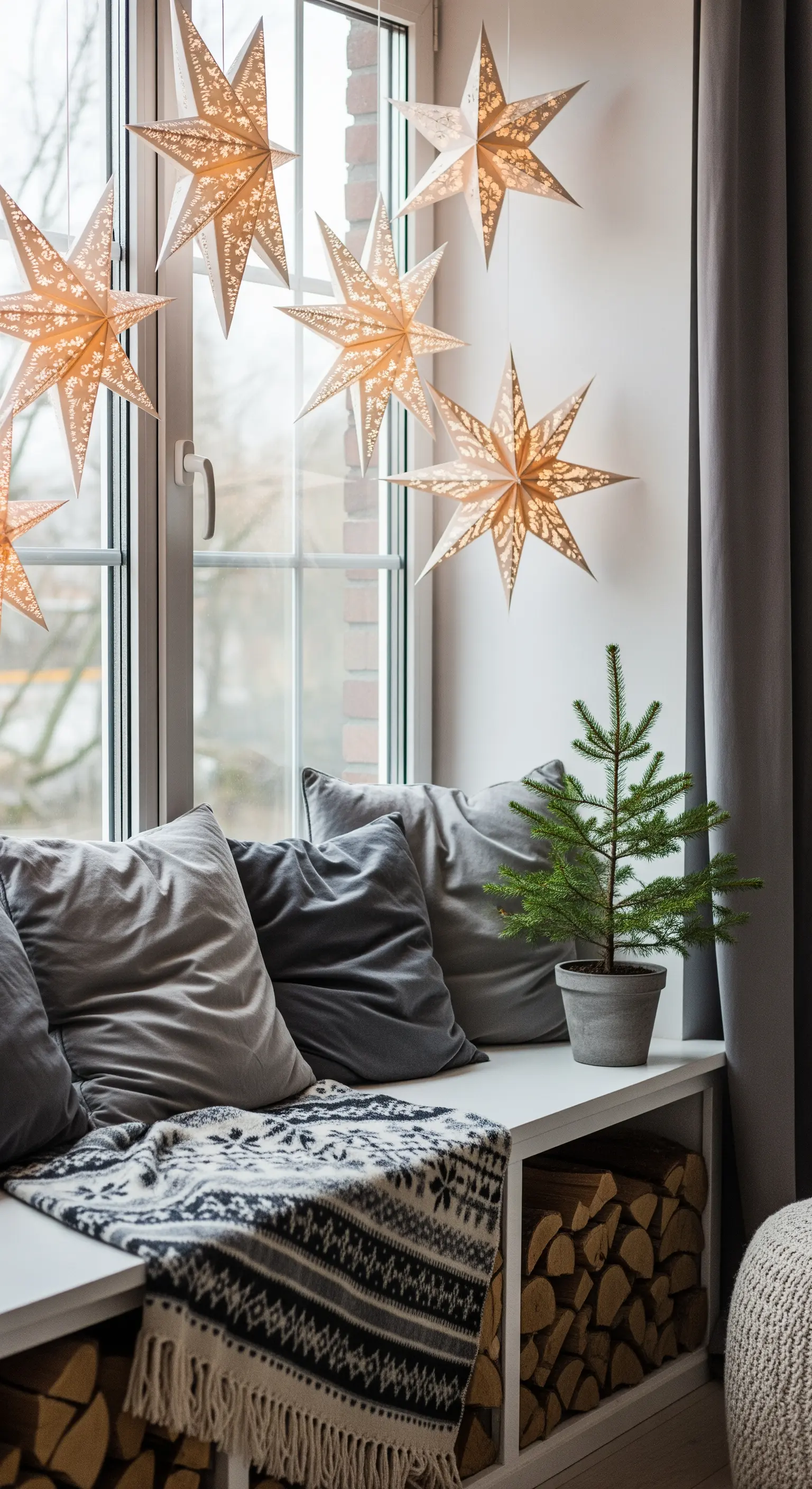 Gemütliche Fensterbank mit leuchtenden Papiersternen, kleinem Weihnachtsbaum und grauen Kissen.