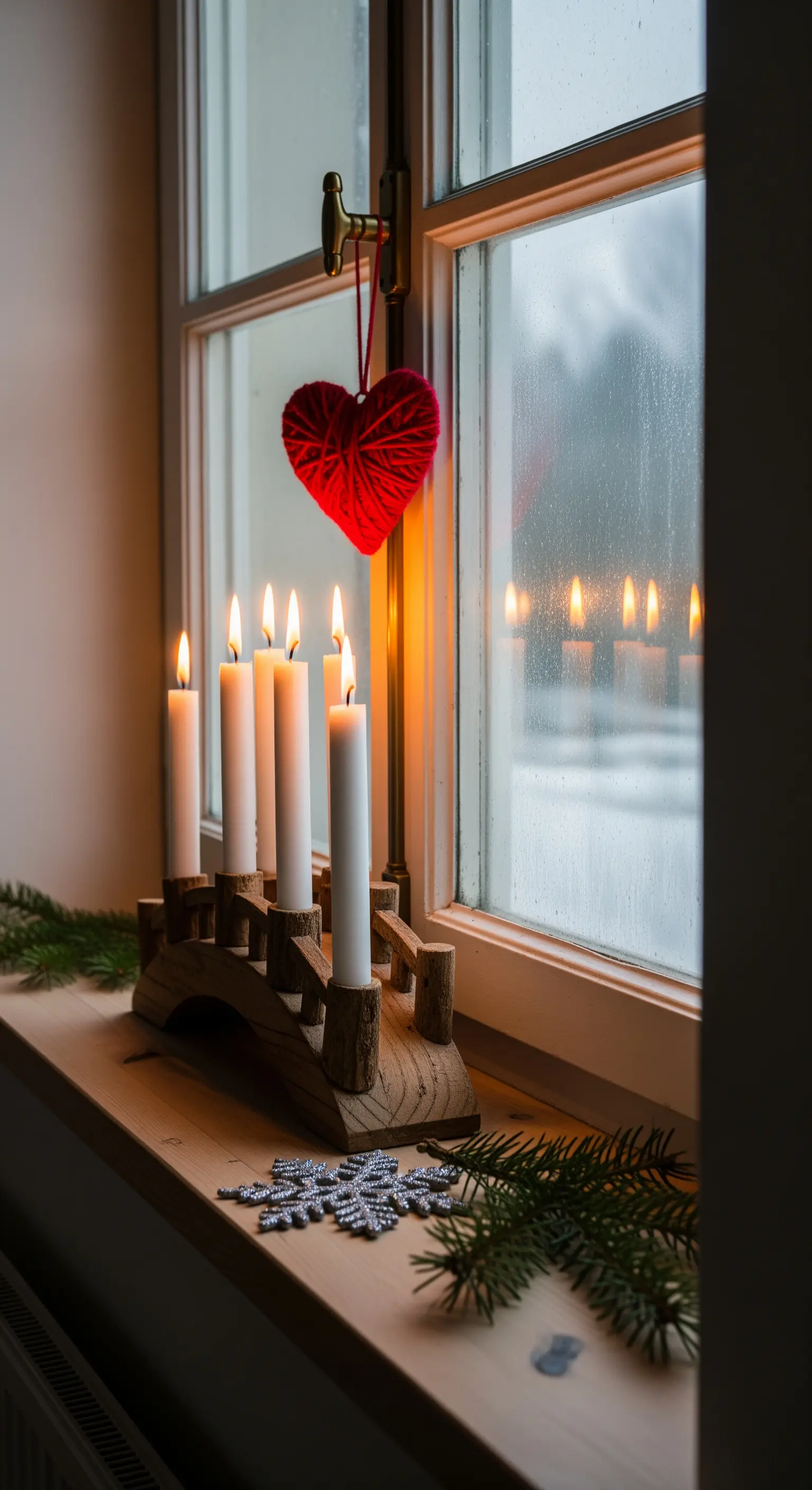Adventsleuchter auf Fensterbank mit roten Herz und Schneeflocke