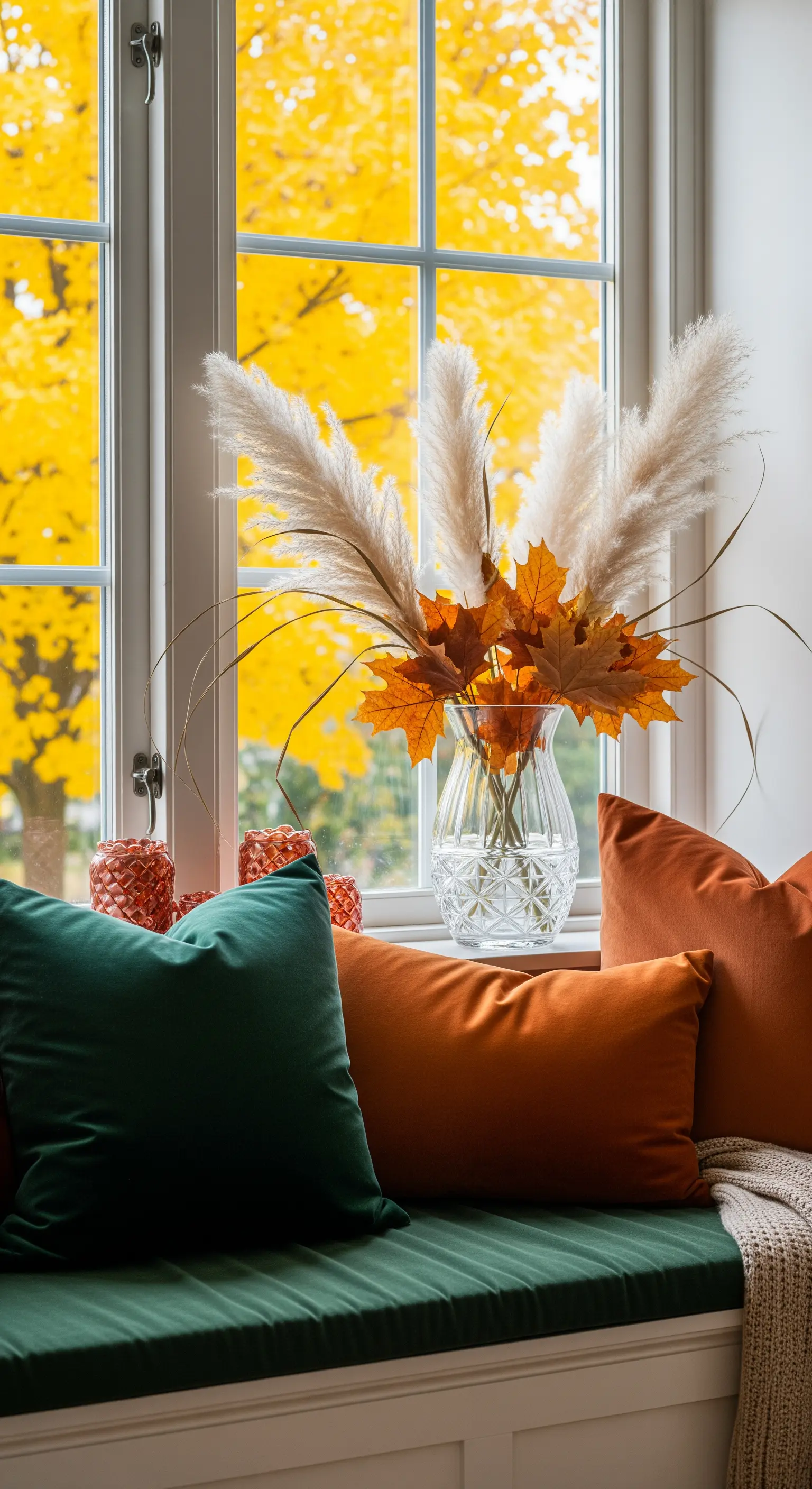 Fensterbank, Pampasgras, Herbstlaub, bunte Kissen
