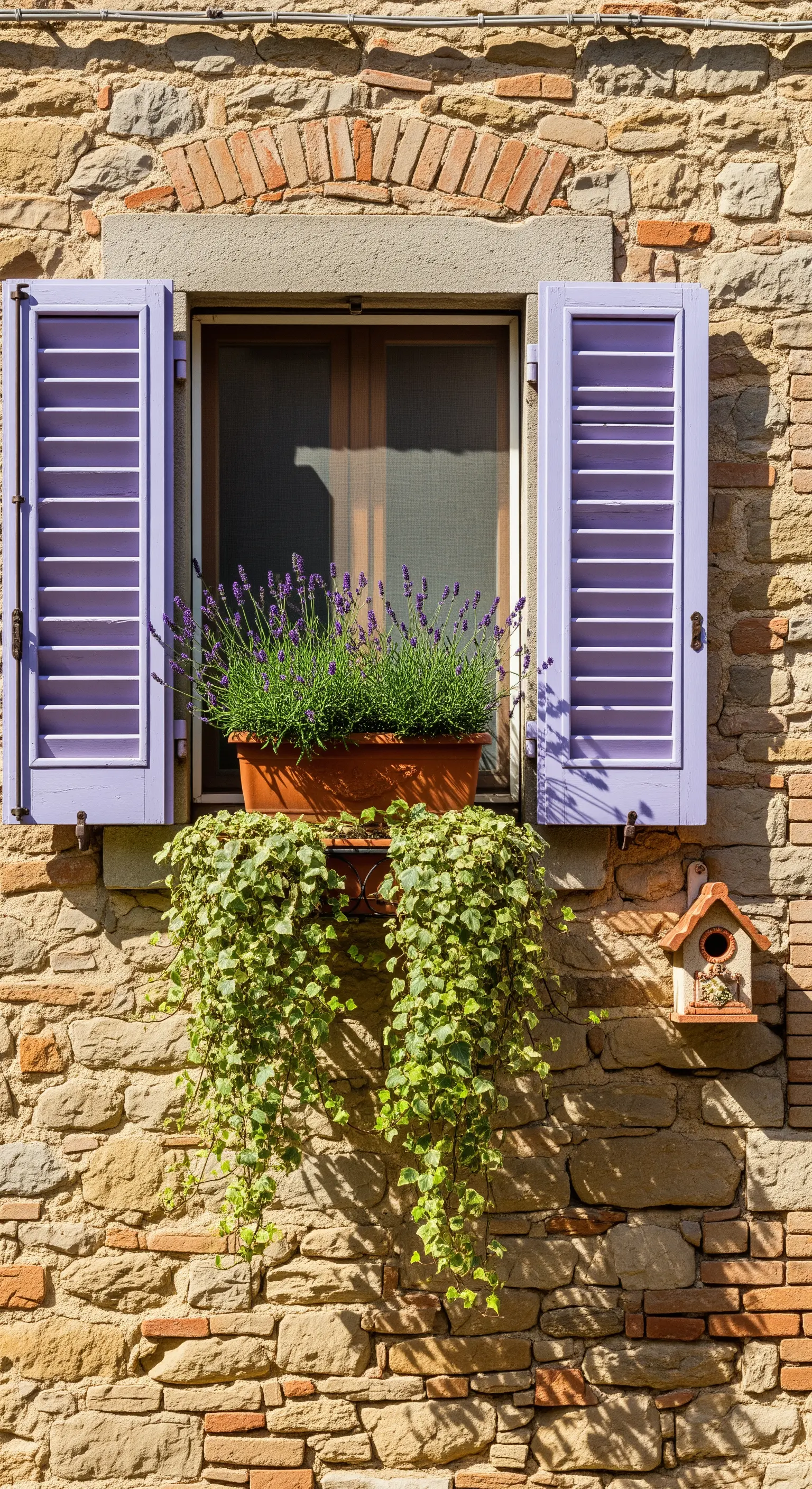 Fenster mit lila Fensterläden, Lavendel und Efeu an Steinmauer