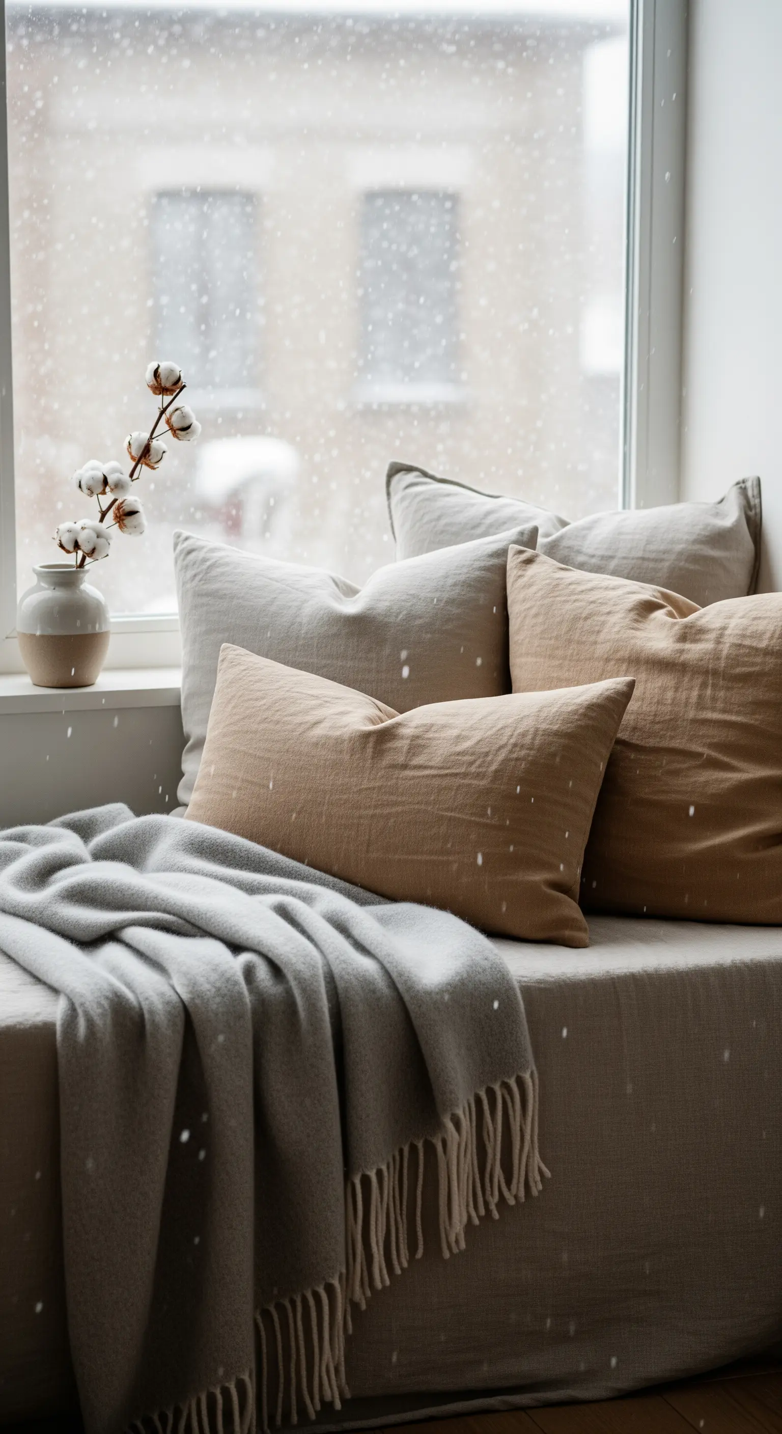 Fensterbank mit Kissen, Decke und Baumwollzweigen vor verschneiter Landschaft.