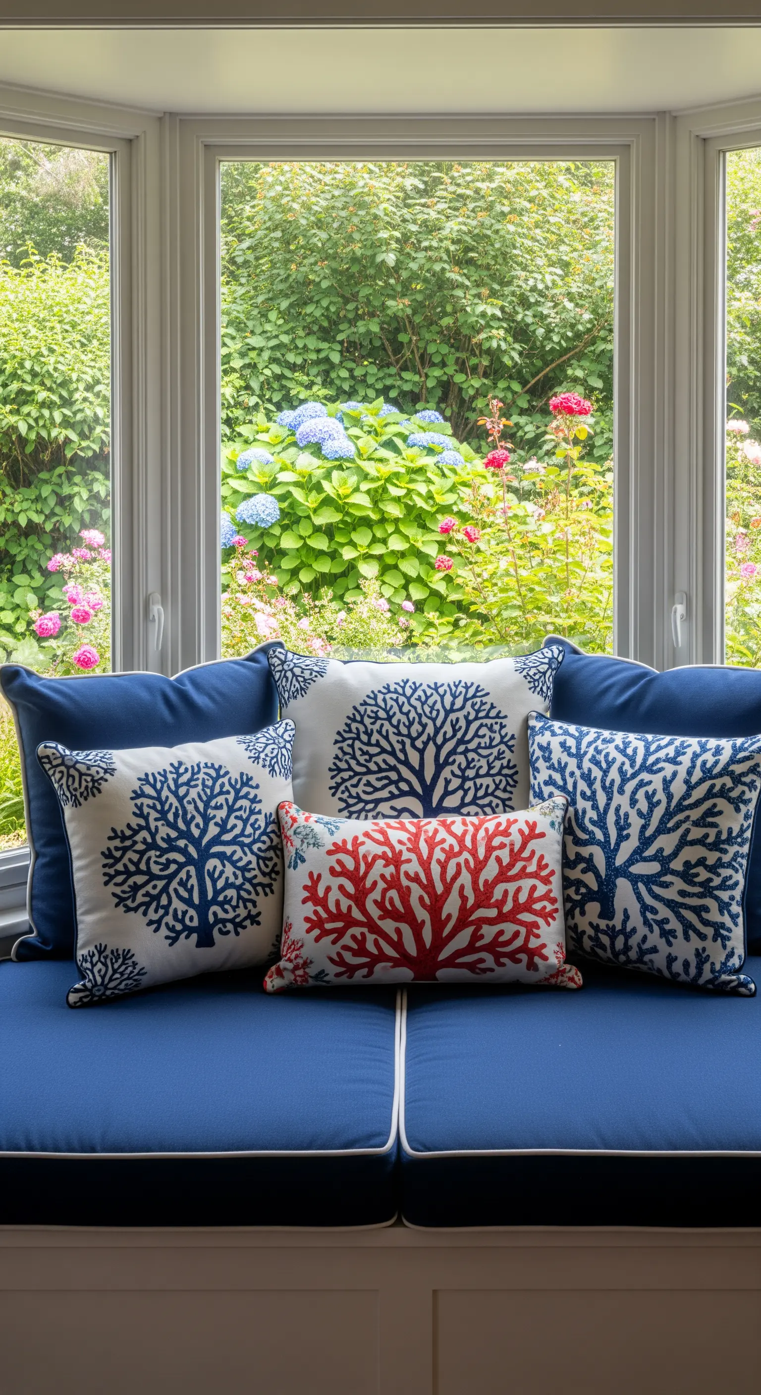 Fensterbank-Sitzbank mit blauen Kissen und Korallen-Motivkissen